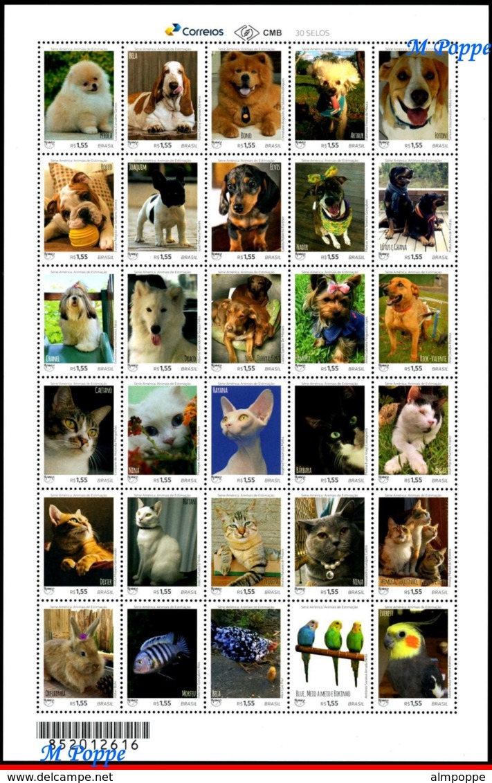 Ref. BR-V2018-09 BRAZIL 2018 ANIMALS, FAUNA, PETS, UPAEP, DOGS, CATS,, RABBIT, FISH, BIRDS, SHEET MNH 30V - Songbirds & Tree Dwellers