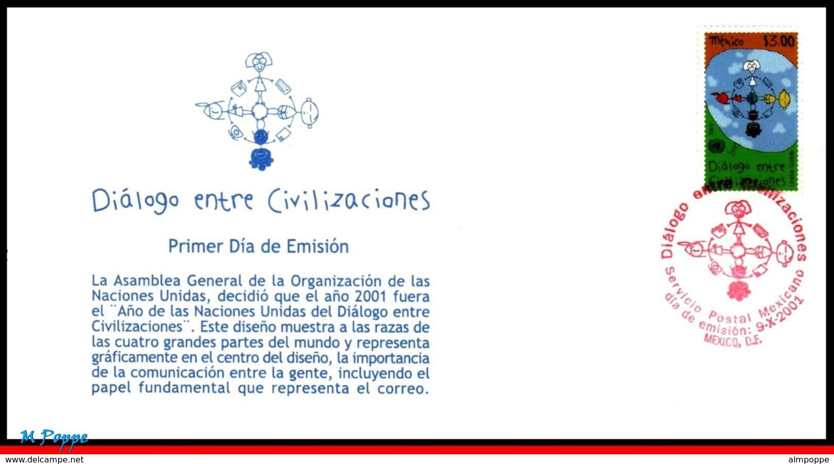 Ref. MX-2239FD MEXICO 2001 JOINT ISSUE, UNITED NATIONS,MI#2935,, YEAR OF DIALOGUE AMONG CIVILIZATIONS,FDC 1V Sc# 2239 - Joint Issues