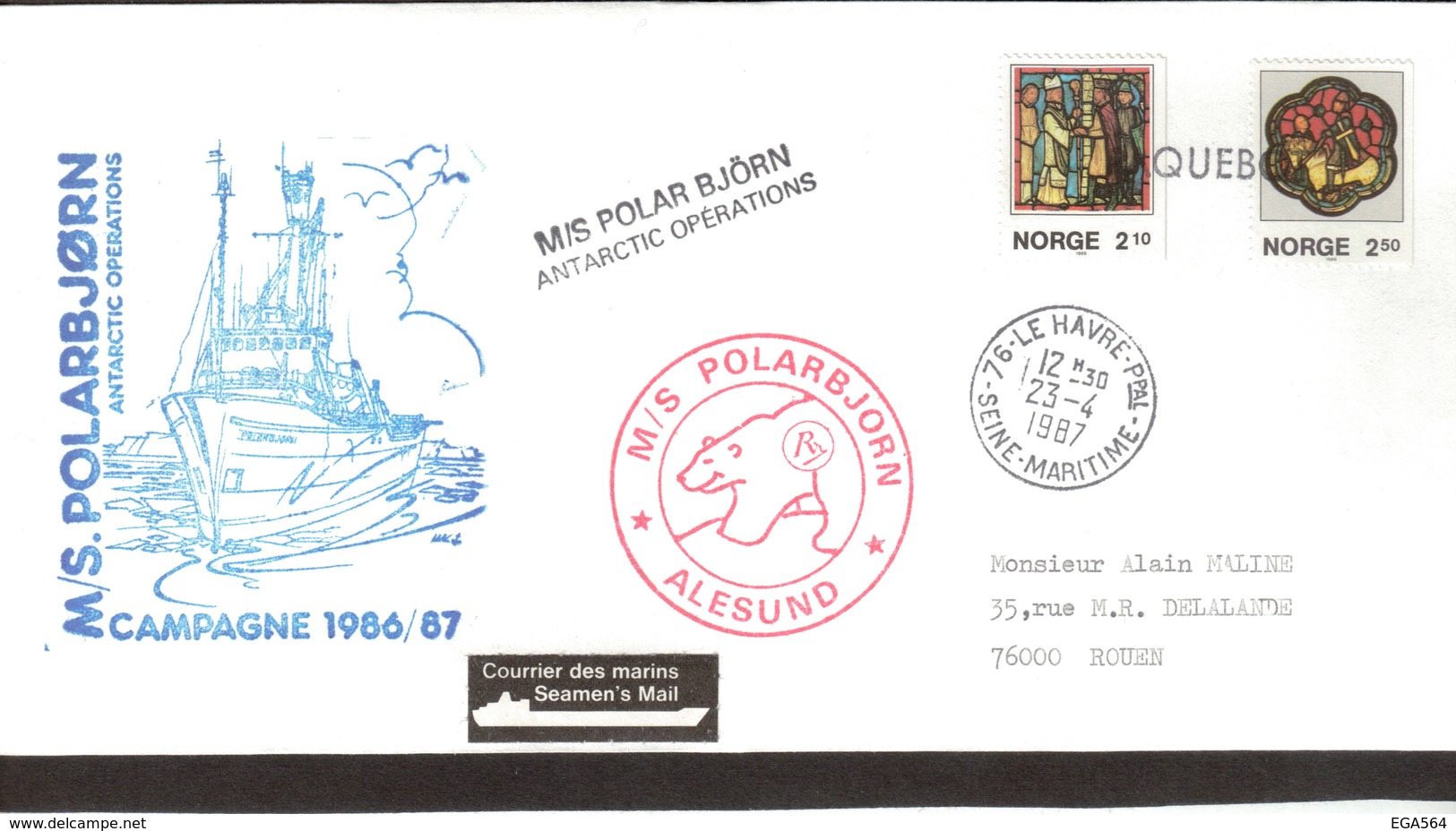 E42 - Timbres NORVEGE Sur Pli "PAQUEBOT" 23.4.1987 Le Havre - Belle Illustration Marko POLAR BJÖRN Retour Antarctique. - Lettres & Documents