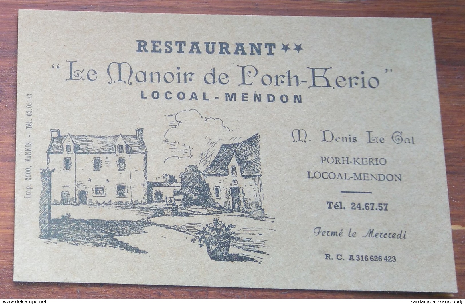 [ MORBIHAN ] Carte Publicitaire Du Restaurant “ Le Manoir De Porh-Kerio ” à Locoal-Mendon, Vers 1950. - Visiting Cards