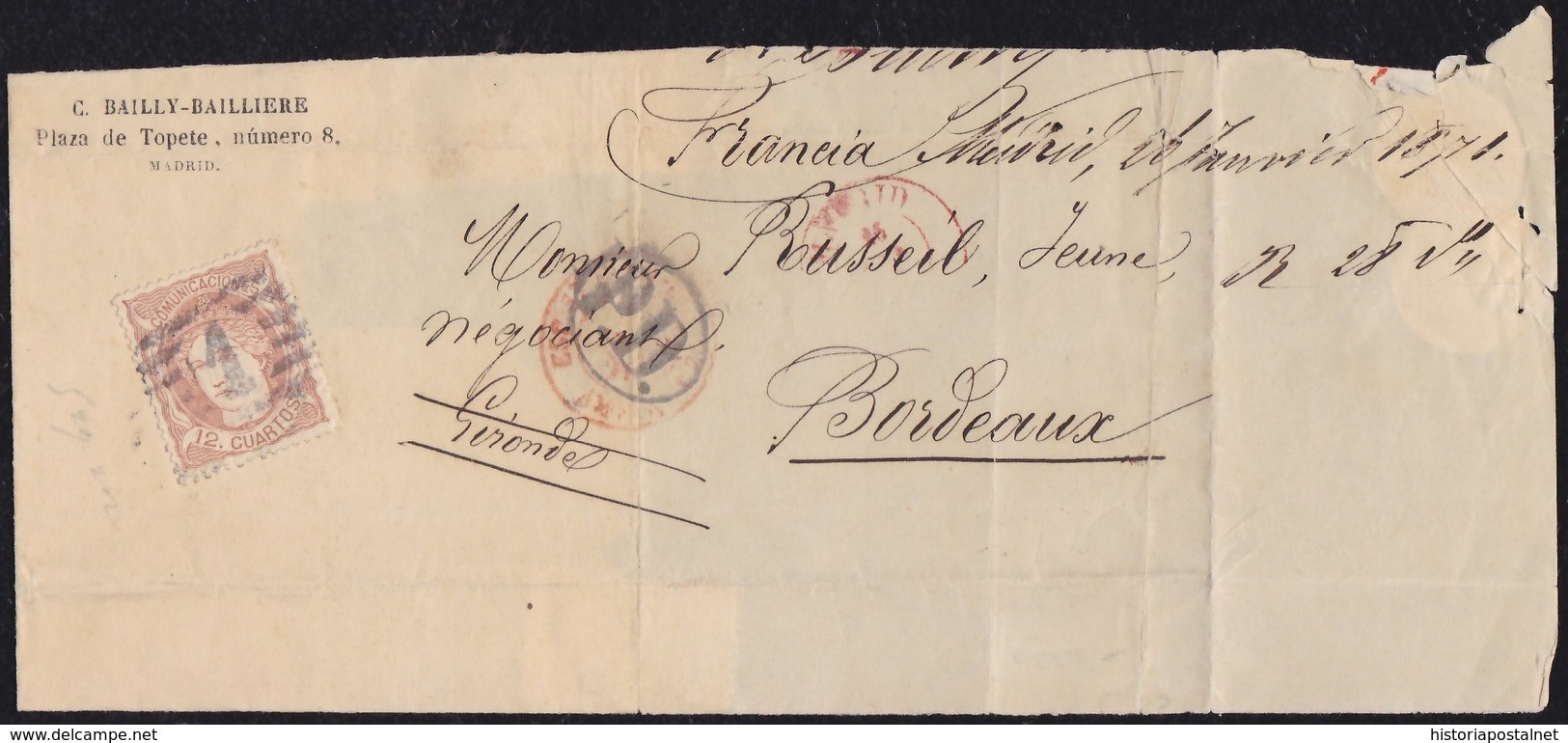 1871. MADRID A BURDEOS. 12 CUARTOS CASTAÑO CLARO. MAT PARRILLA "1" NEGRO MADRID. FECHADOR, "P.D." Y TRÁNSITO. ENVUELTA. - Cartas & Documentos