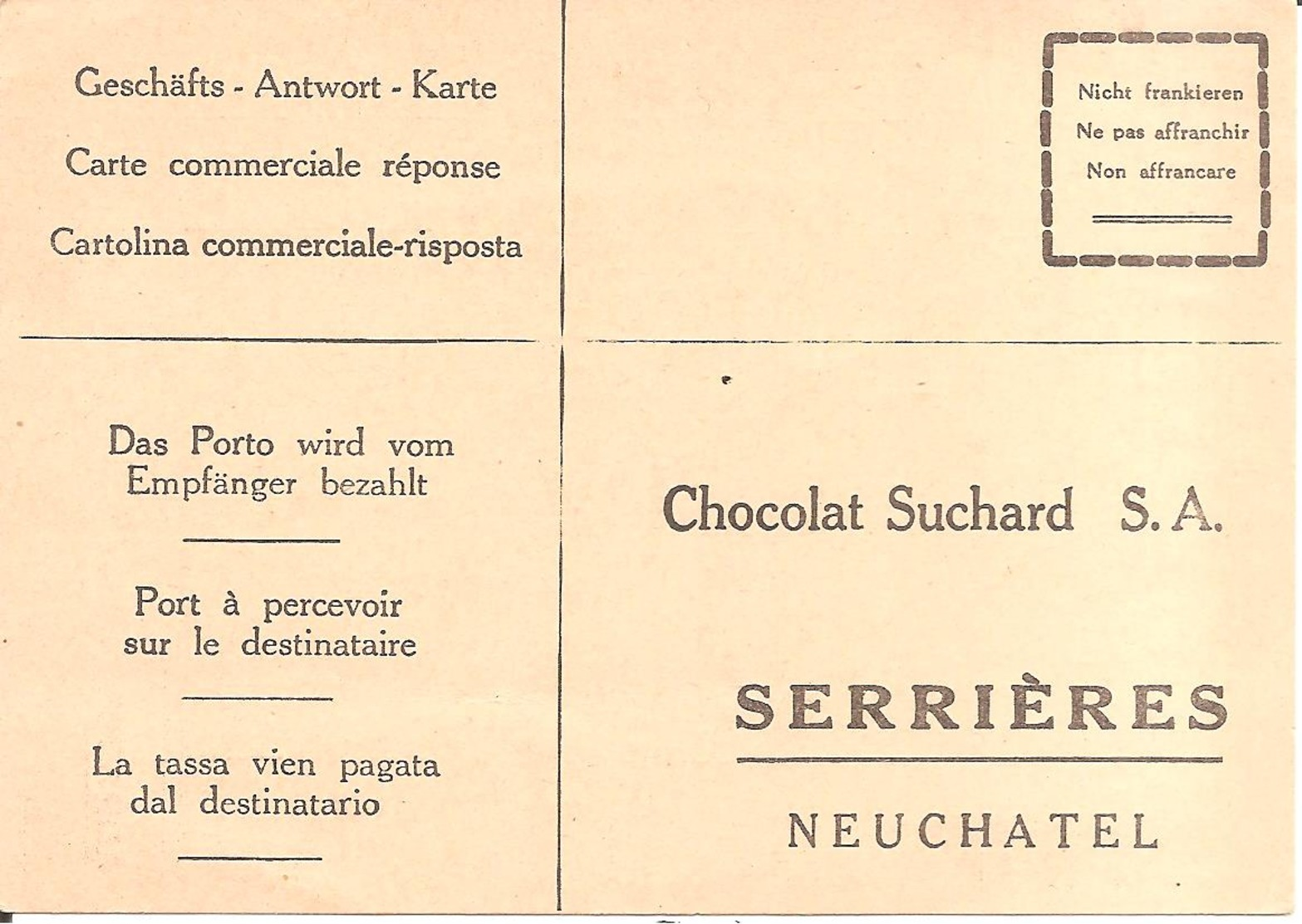 SERRIERES (Neuchâtel-NE) Rare Carte Commerciale Des Années 30 - Chocolat Suchard S.A. Avec Tarifs Au Dos - Neuchâtel