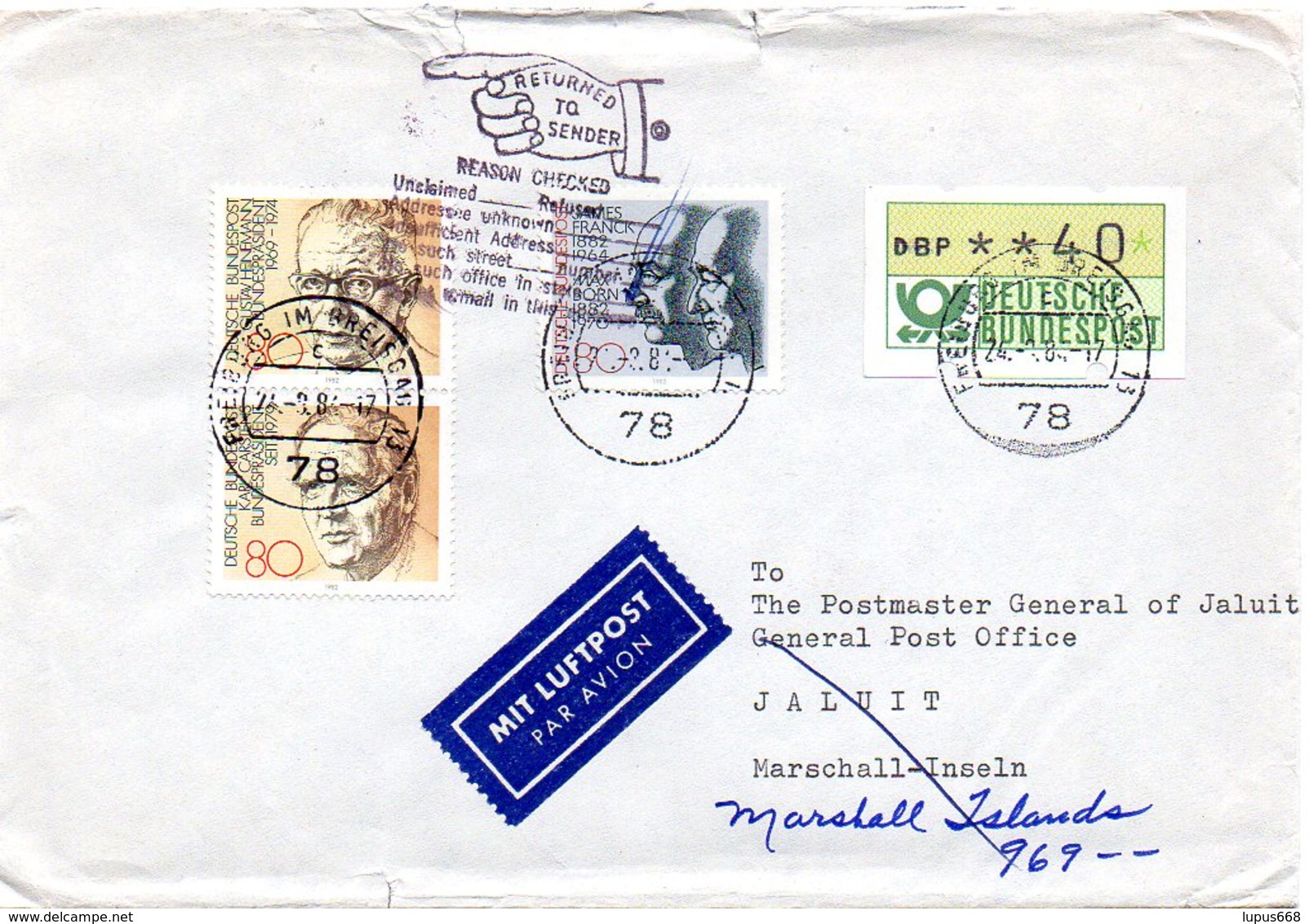 BRD 1984  Brief/ Letter " Returned To Sender "  BRD Nach Den Marschall- Inseln  ; Fehler/ Fault - Post