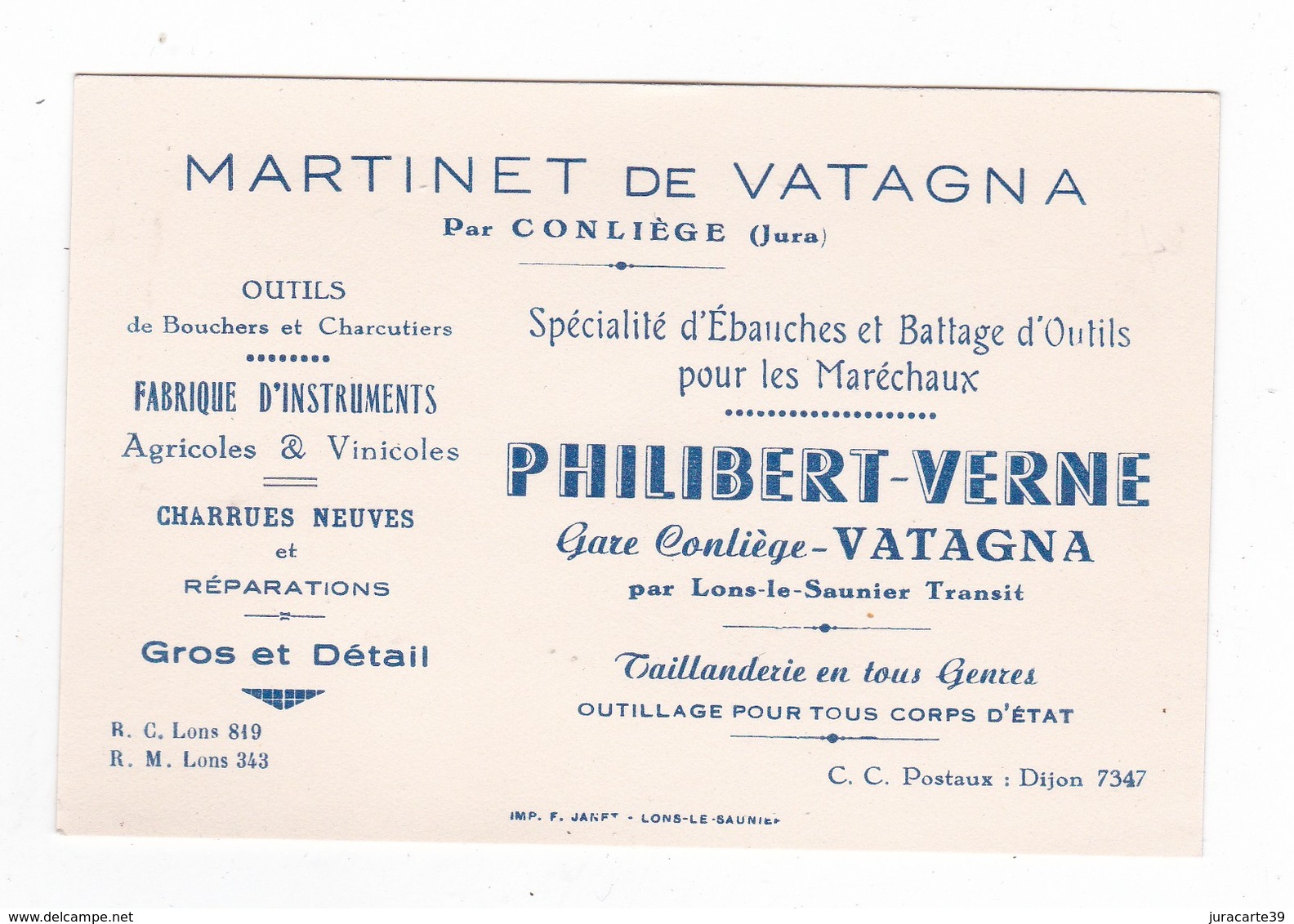 Carte De Visite.39.Jura.Martinet De Vatagna Par Conliège.Philibert-Verne. - Cartoncini Da Visita