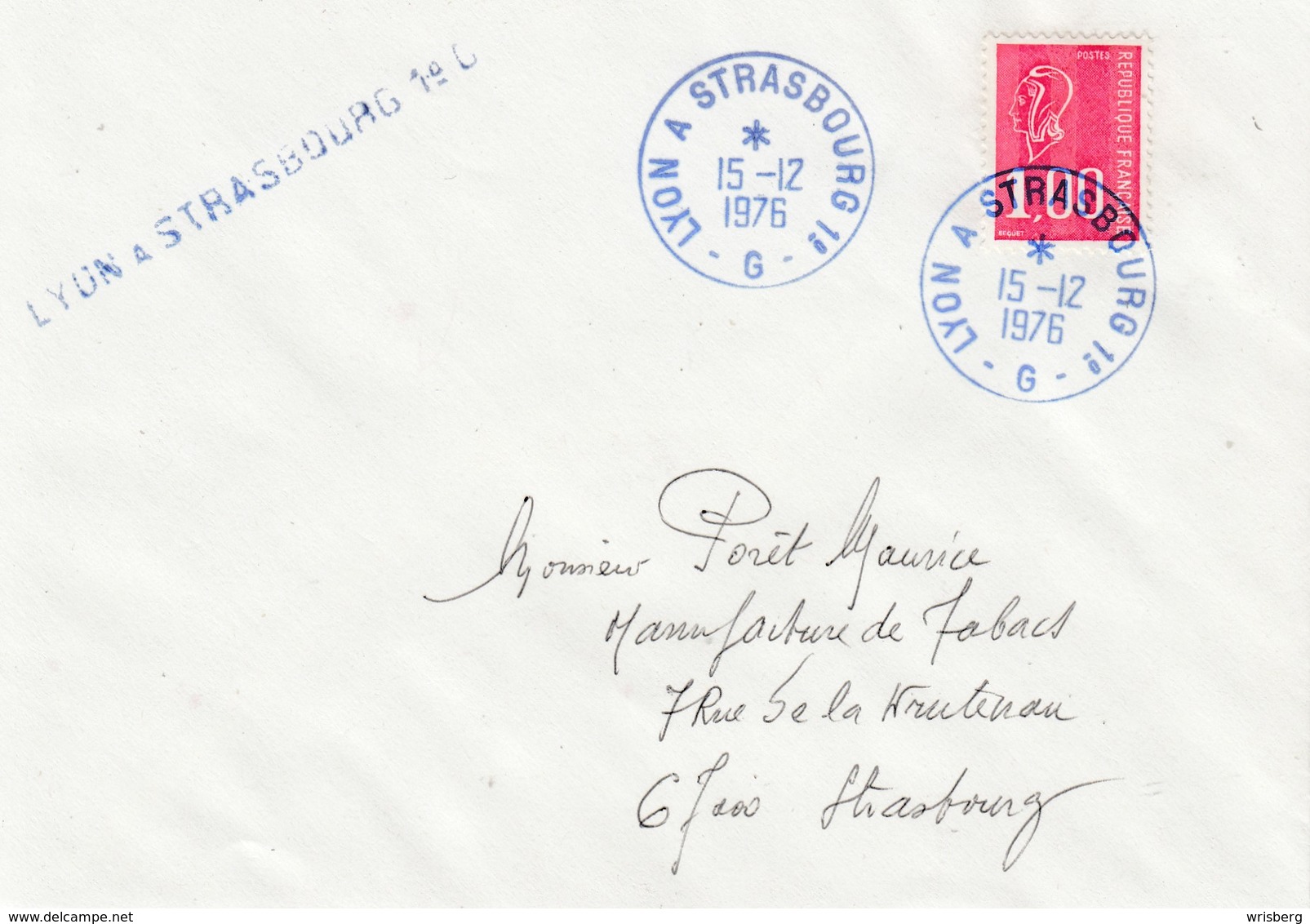 Env Affr Y&T 1892 Obl LYON A STRASBOURG 1° - G - [bleu] Du 15.12.1976 Adressée à Strasbourg - Poste Ferroviaire