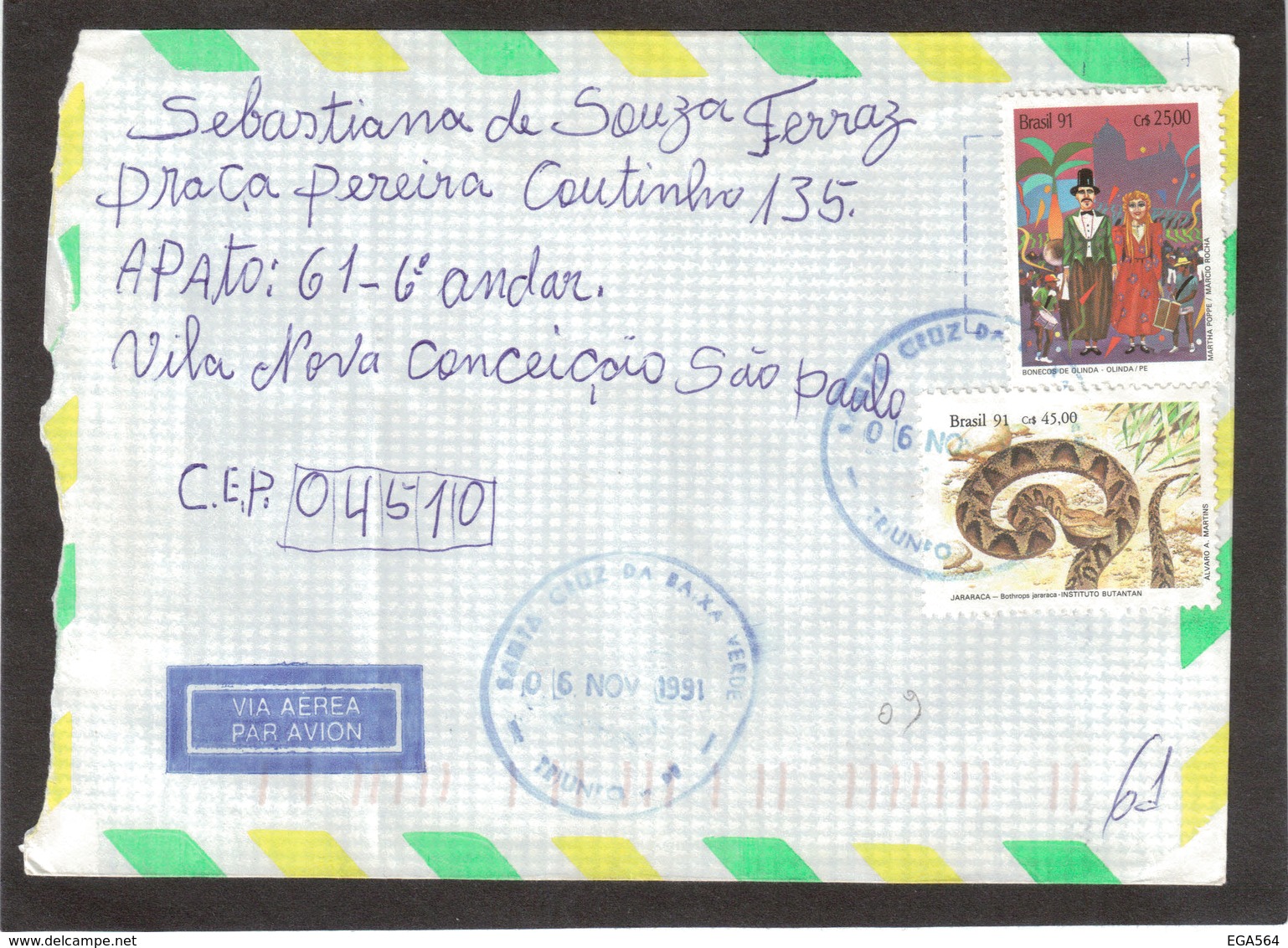 E43 - BRESIL - Enveloppe De SANTA CRUZ DA BAIXA VERDE 6.11.1991 Pour SAO PAULO - - Storia Postale