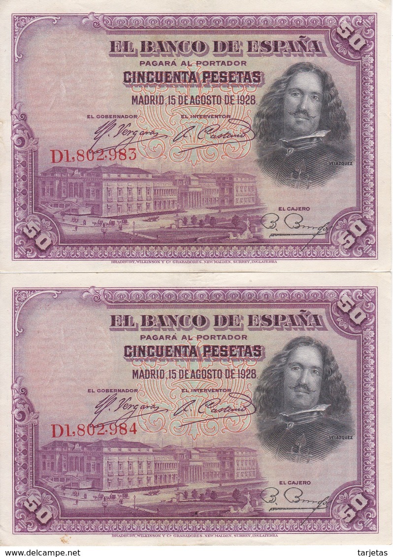 PAREJA CORRELATIVA DE 50 PTAS DE 1928 DE VELAZQUEZ SERIE D EN CALIDAD EBC (XF) (BANKNOTE) - 50 Peseten