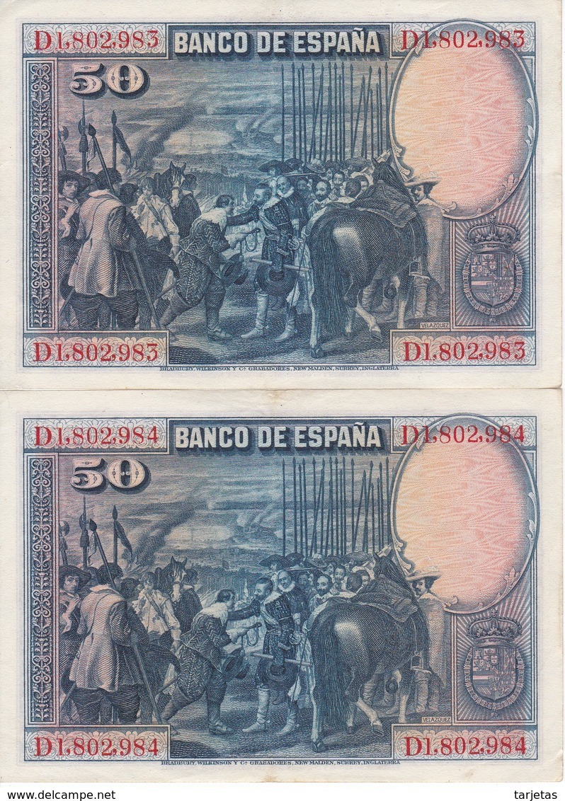 PAREJA CORRELATIVA DE 50 PTAS DE 1928 DE VELAZQUEZ SERIE D EN CALIDAD EBC (XF) (BANKNOTE) - 50 Pesetas