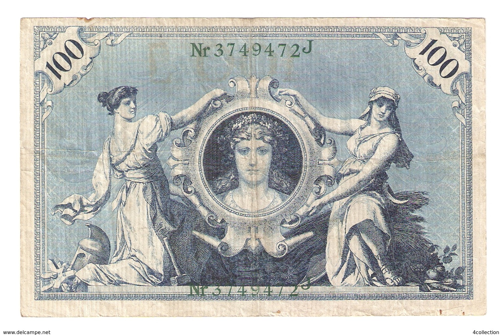 T. Germany German Empire 100 Mark 1908 Reichsbanknote Green Seal & Ser. 3749472 J - 100 Mark