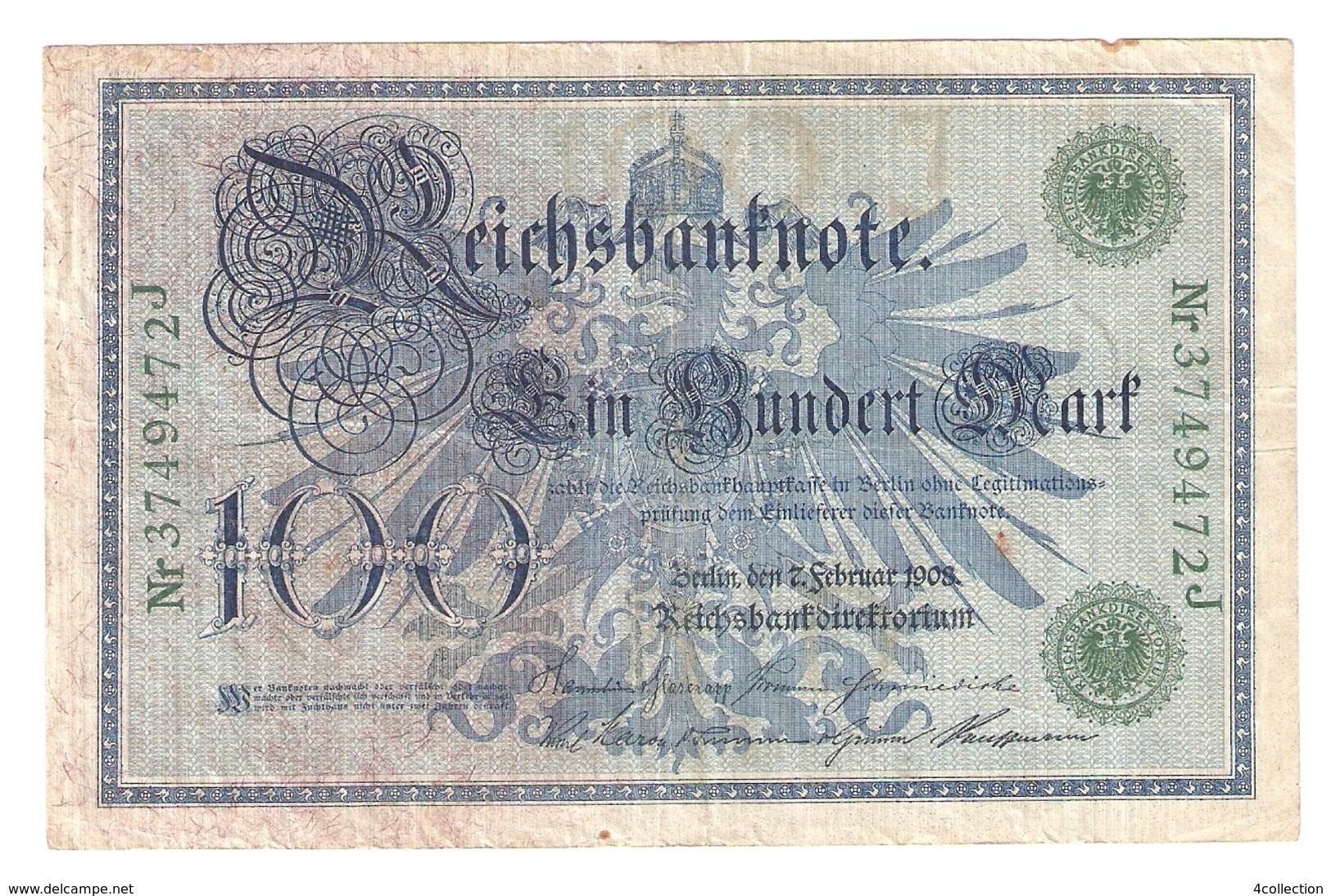 T. Germany German Empire 100 Mark 1908 Reichsbanknote Green Seal & Ser. 3749472 J - 100 Mark