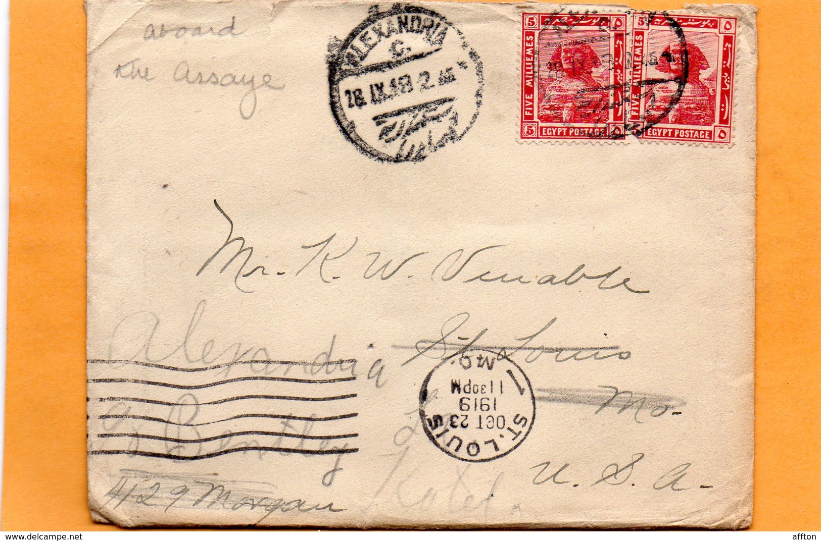 Egypt 1919 Cover Mailed To USA - 1915-1921 Protectorat Britannique