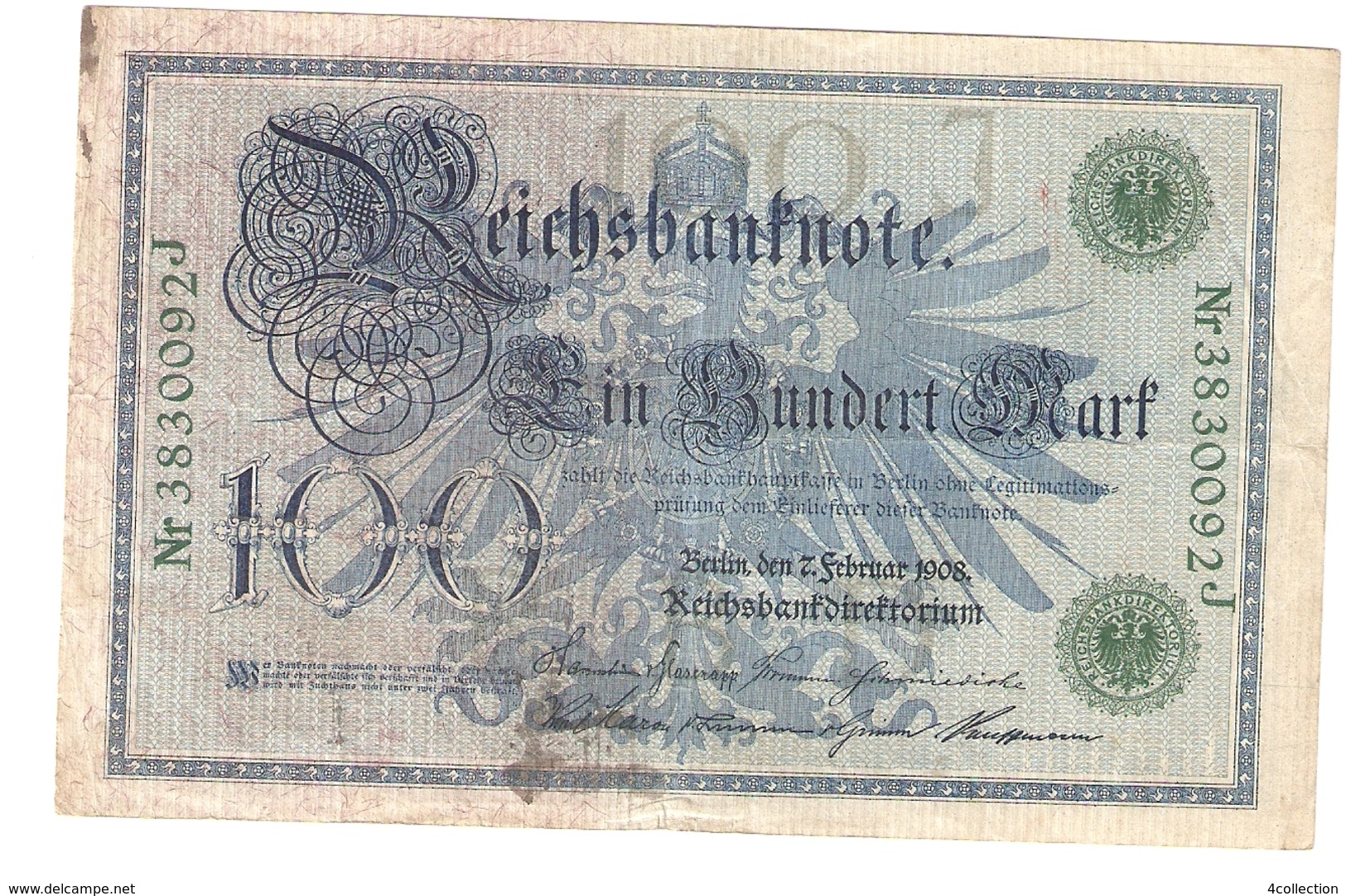 T. Germany German Empire 100 Mark 1908 Reichsbanknote Green Seal & Ser. 3830092 J - 100 Mark