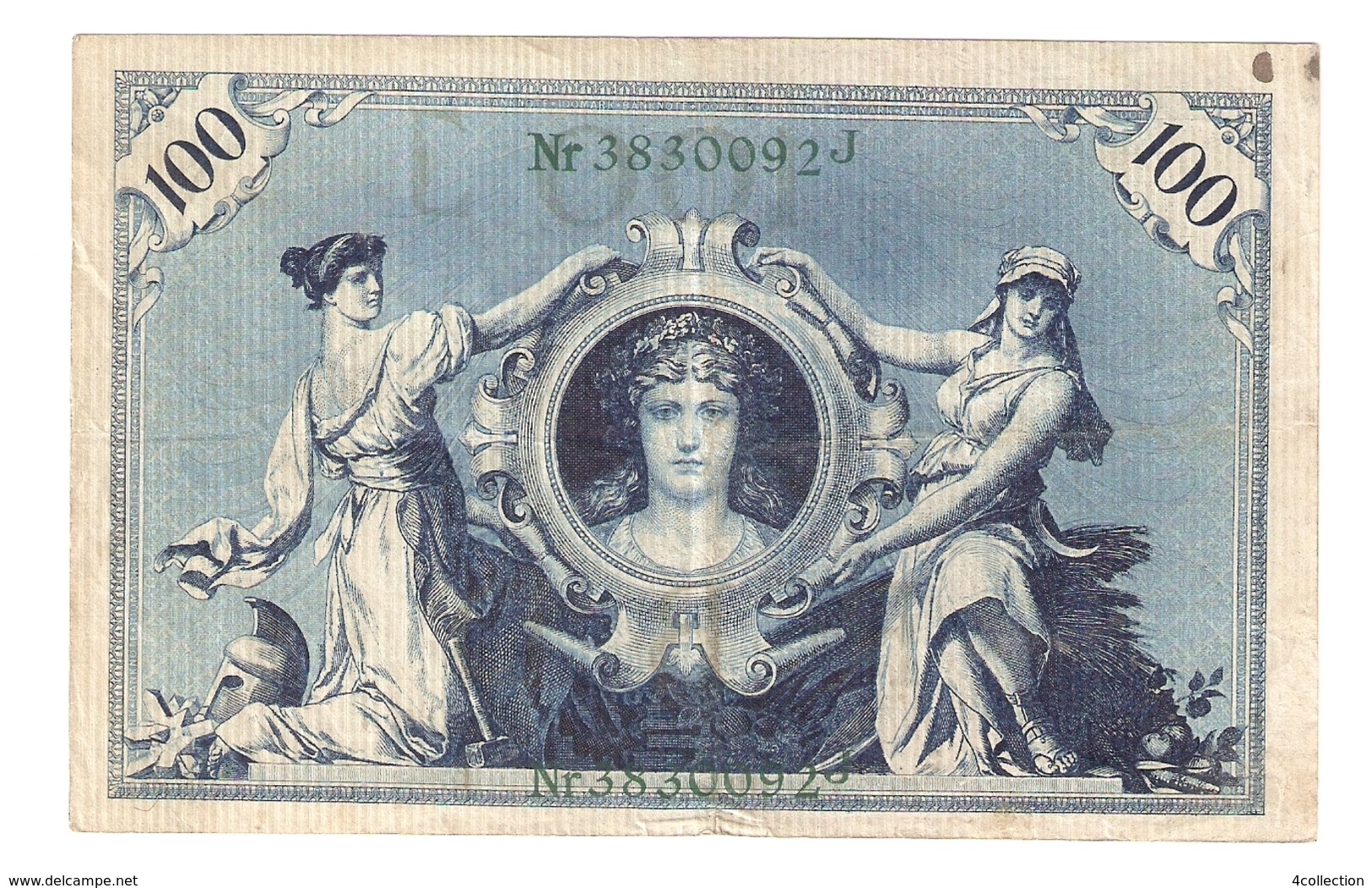 T. Germany German Empire 100 Mark 1908 Reichsbanknote Green Seal & Ser. 3830092 J - 100 Mark