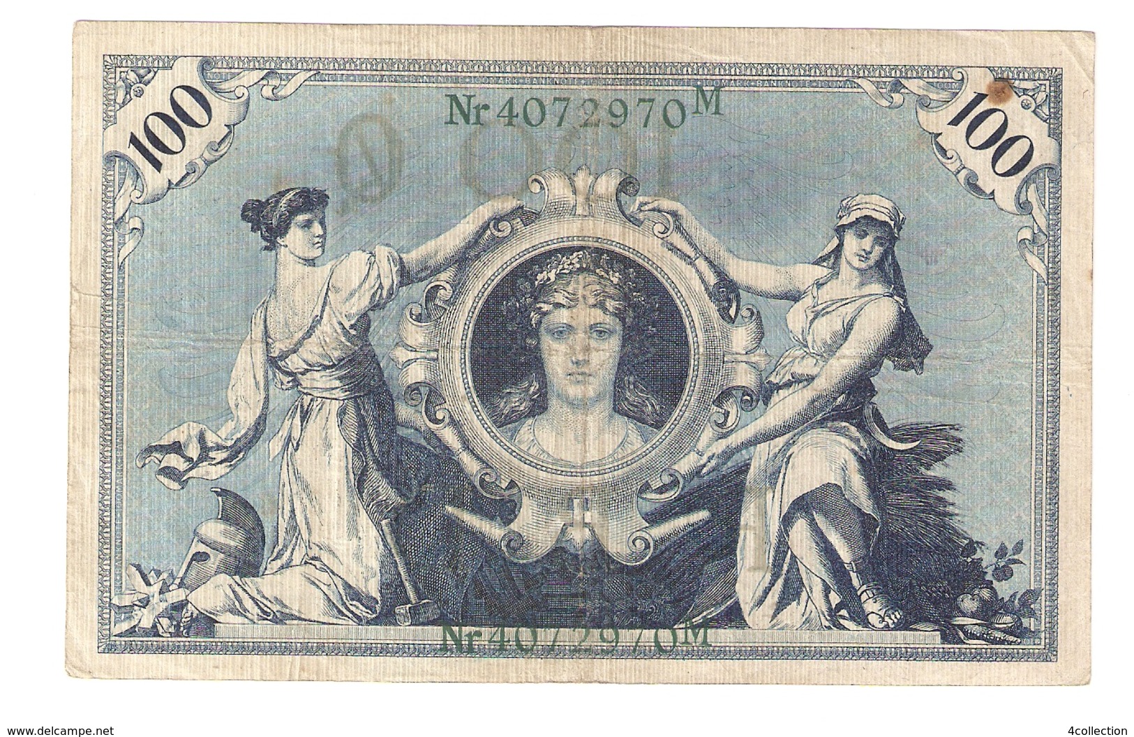 T. Germany German Empire 100 Mark 1908 Reichsbanknote Green Seal & Ser.4072970 M - 100 Mark