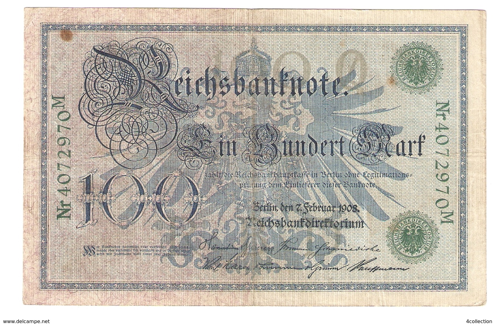 T. Germany German Empire 100 Mark 1908 Reichsbanknote Green Seal & Ser.4072970 M - 100 Mark