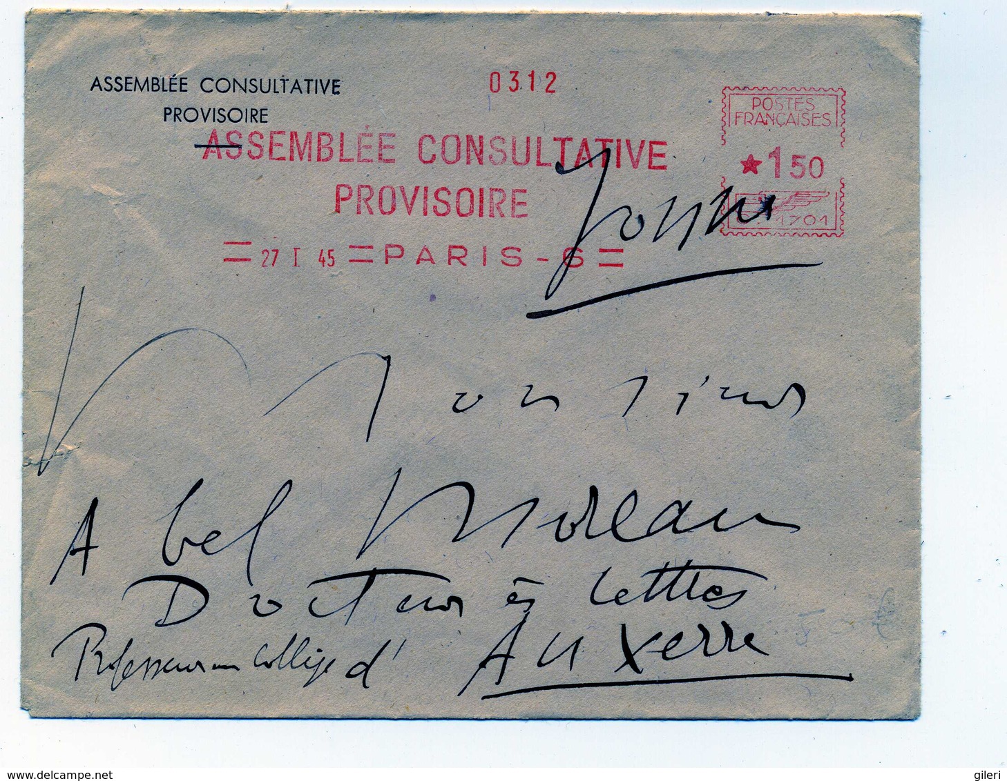 Courrier De L'assemblé Consultative Provisoire De Paris Le 27 Janvier 45 - 1921-1960: Période Moderne