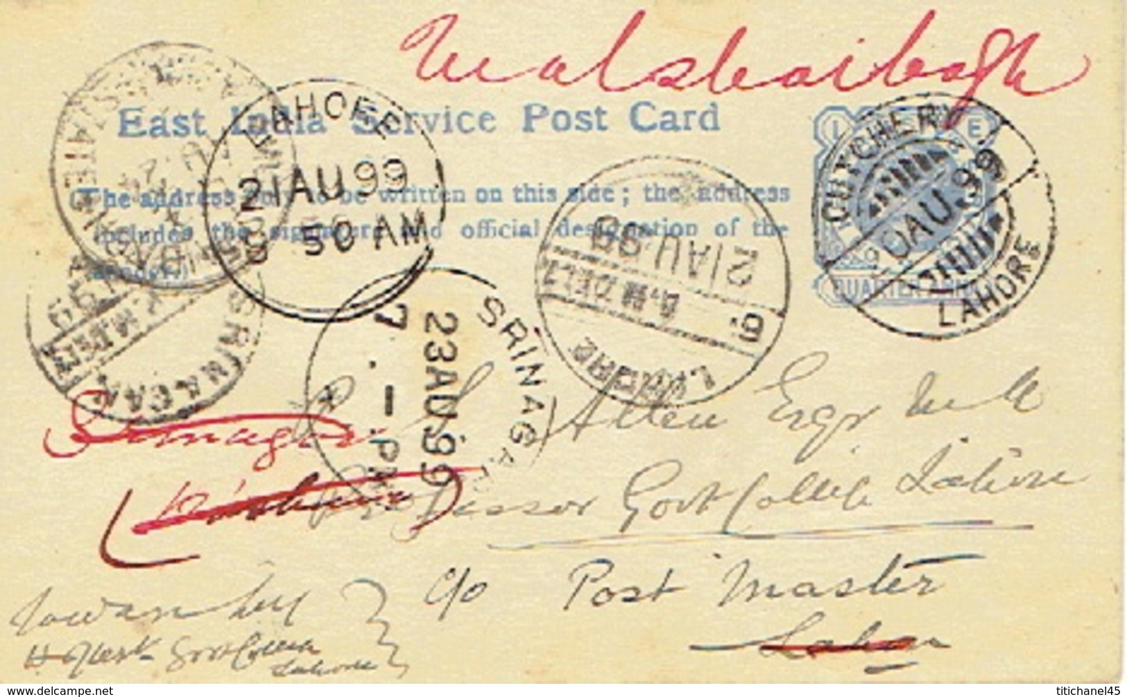 1899 EAST INDIA SERVICE POSTCARD - LAHORE To SPRINAGAR - Ansichtskarten