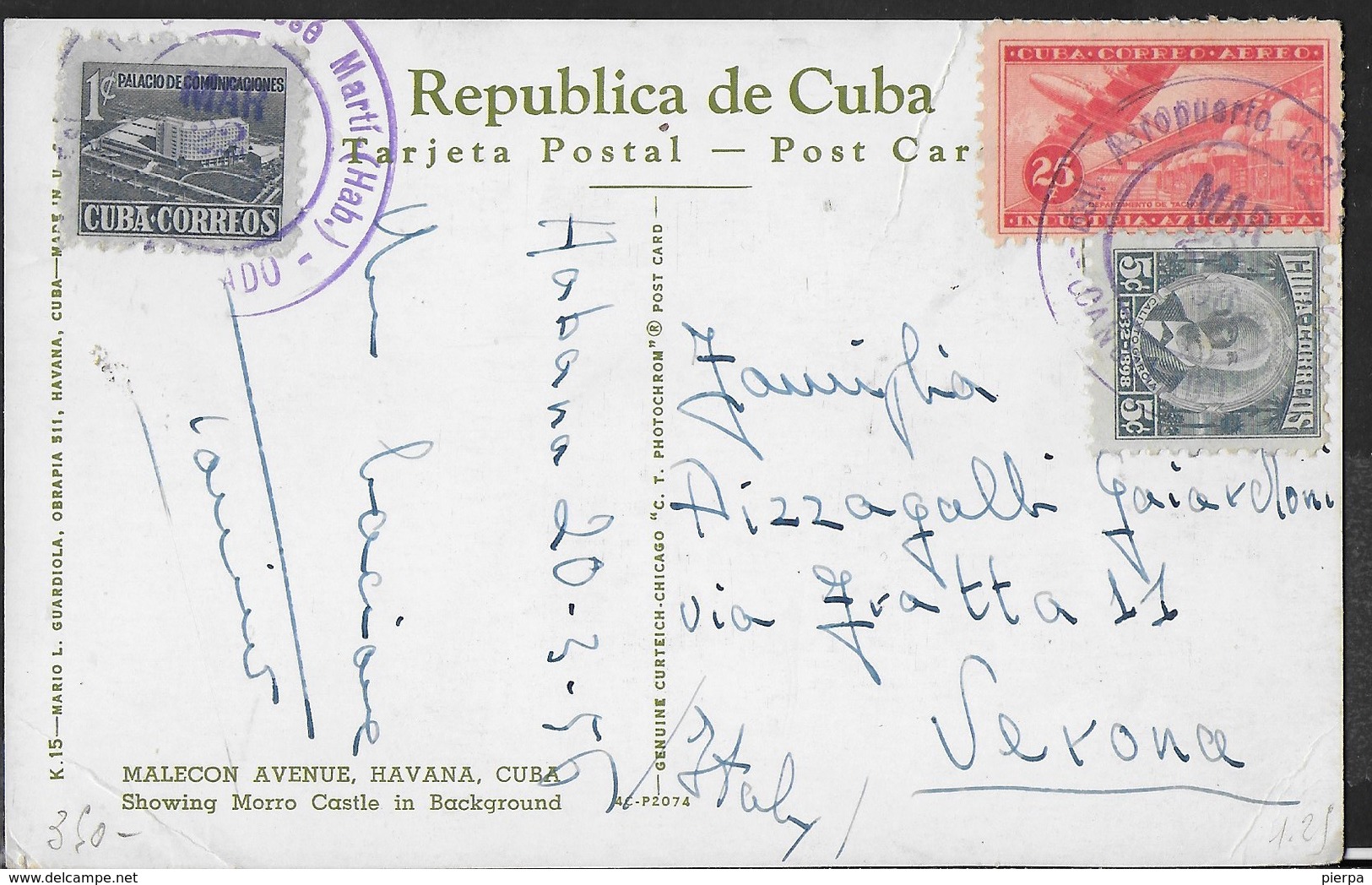 CUBA- ANNULLO DC VIOLA "AEROPUERTO JOSE' MARTI' (HAB.) " 29.03.1956 SU CARTOLINA PER VERONA - Storia Postale