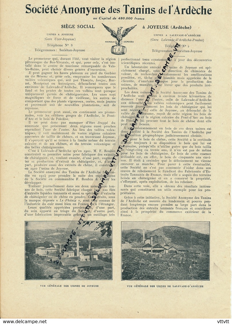 1925 : Document, ARDECHE (1 Page Illustrée) Société Anonyme Des Tanins De L'Ardèche, Joyeuse, Lalevade-d'Ardèche, Usines - Non Classés