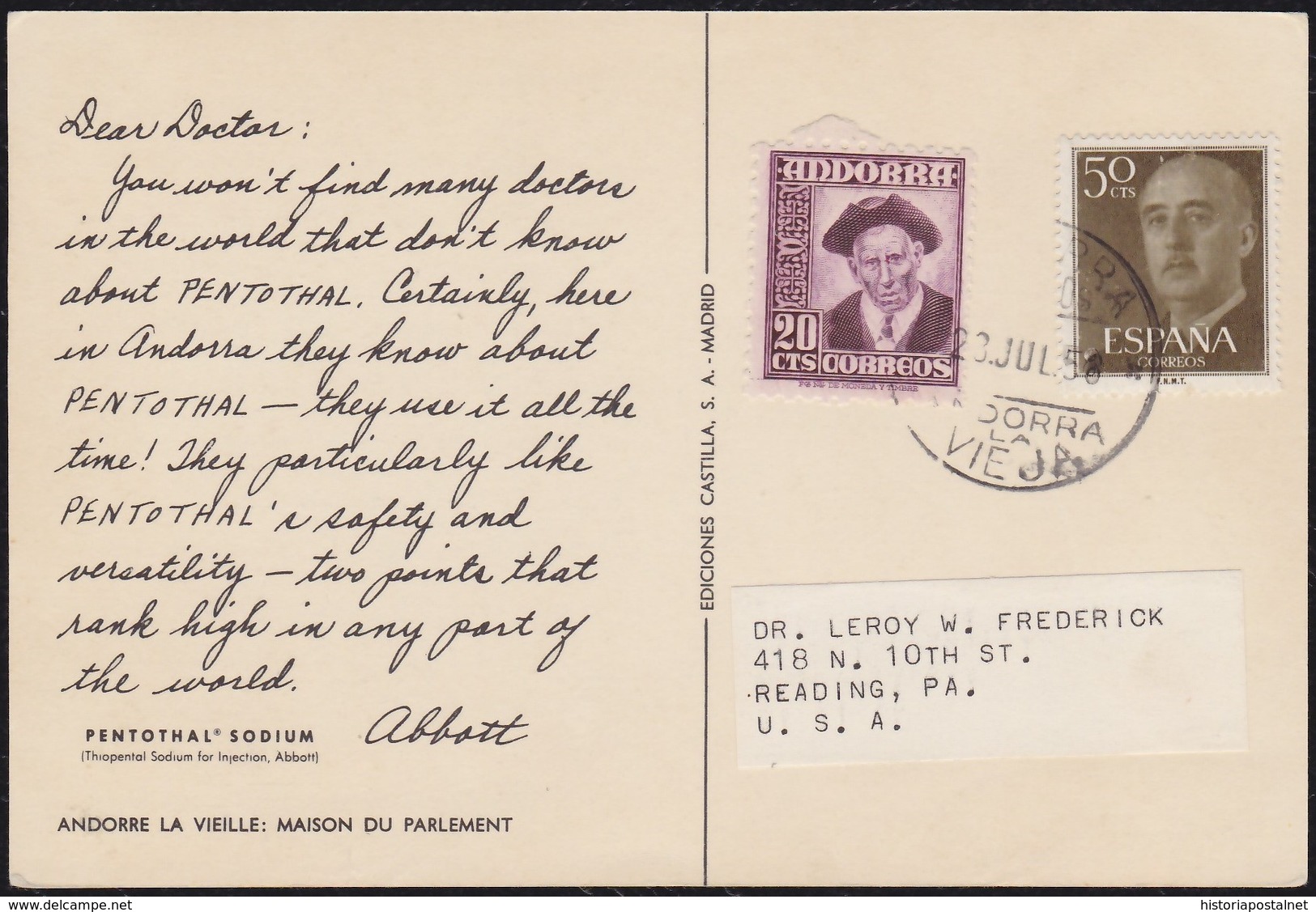 1956. ANDORRA LA VIEJA A ESTADOS UNIDOS. TARJETA POSTAL. 20 CTS. CONSEJERO Y 50 CTS. GENERAL FRANCO. (ED. 48-ESP.1149). - Cartas & Documentos