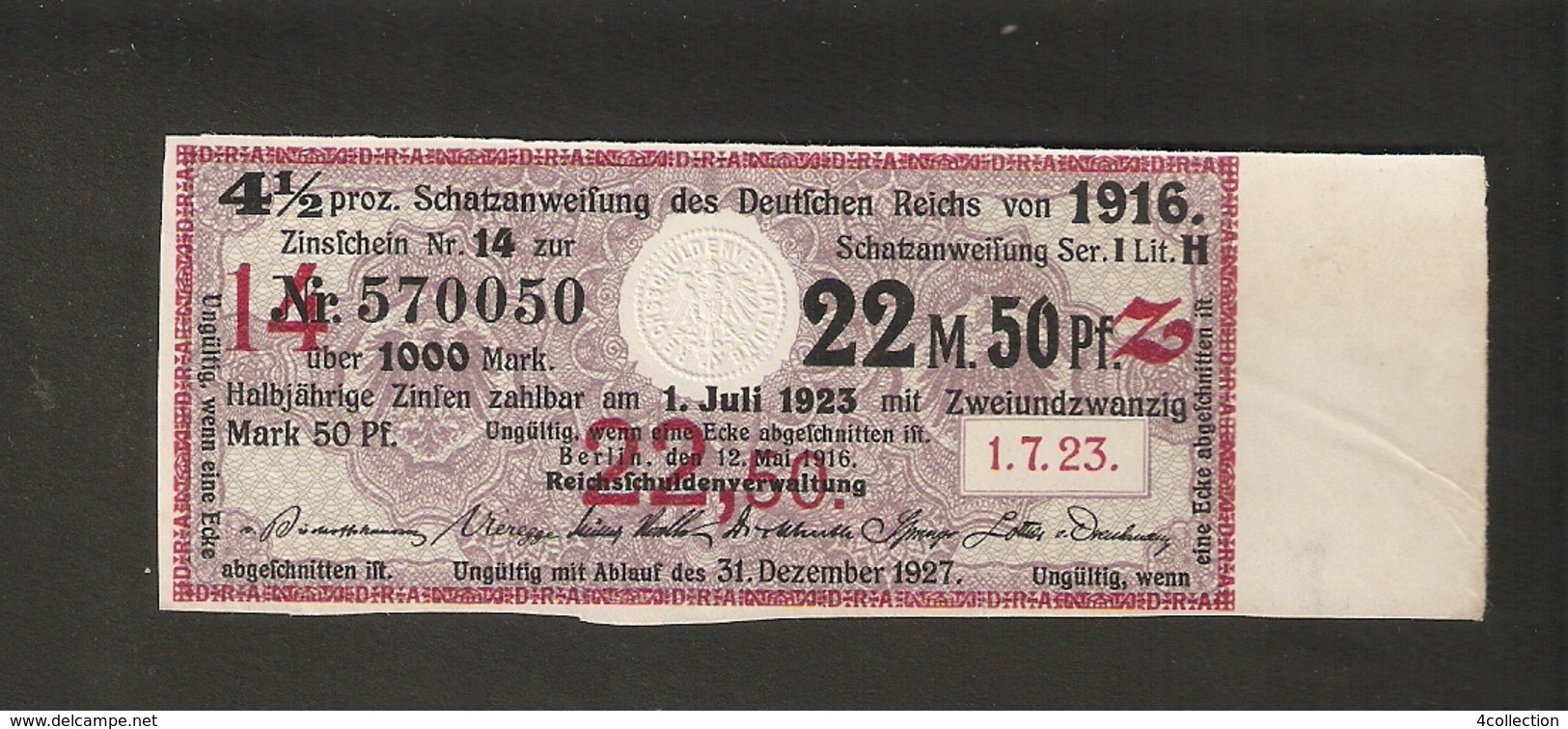 T. Germany Schatzanleihe Des Deutsches Reich Von 1916 Zinsschein Coupon Kupon 1923 No. 570050 - Other & Unclassified