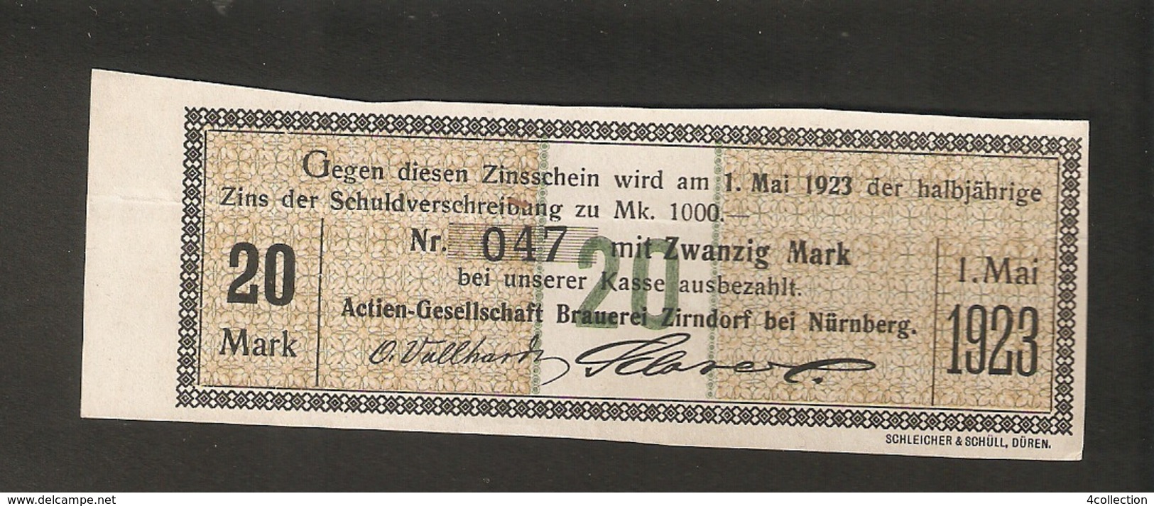 T. Germany Dividenden Zinsschein AG Brauerei Zirndorf Coupon Kupon 1922 1923 No.047 Watermark - Other & Unclassified