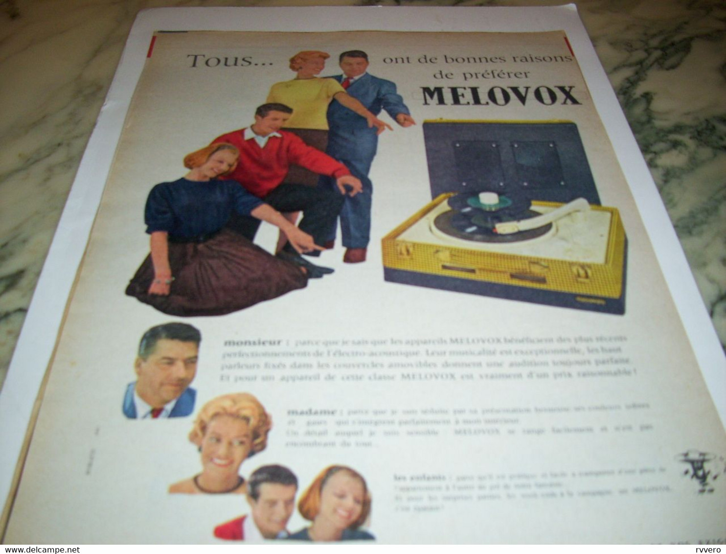 ANCIENNE PUBLICITE ELECTROPHONE VALISE DE MELOVOX 1959 - Autres & Non Classés