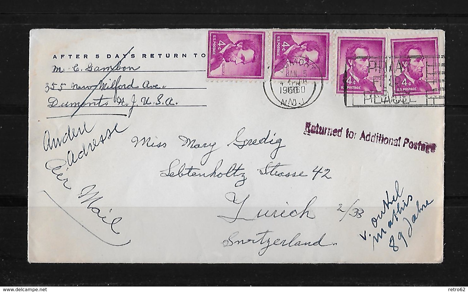 1960 Letter With 4 X 4c Lincoln From Dumonts New Jersey To Switzerlant (Returned For Additional Postage) - Lettres & Documents