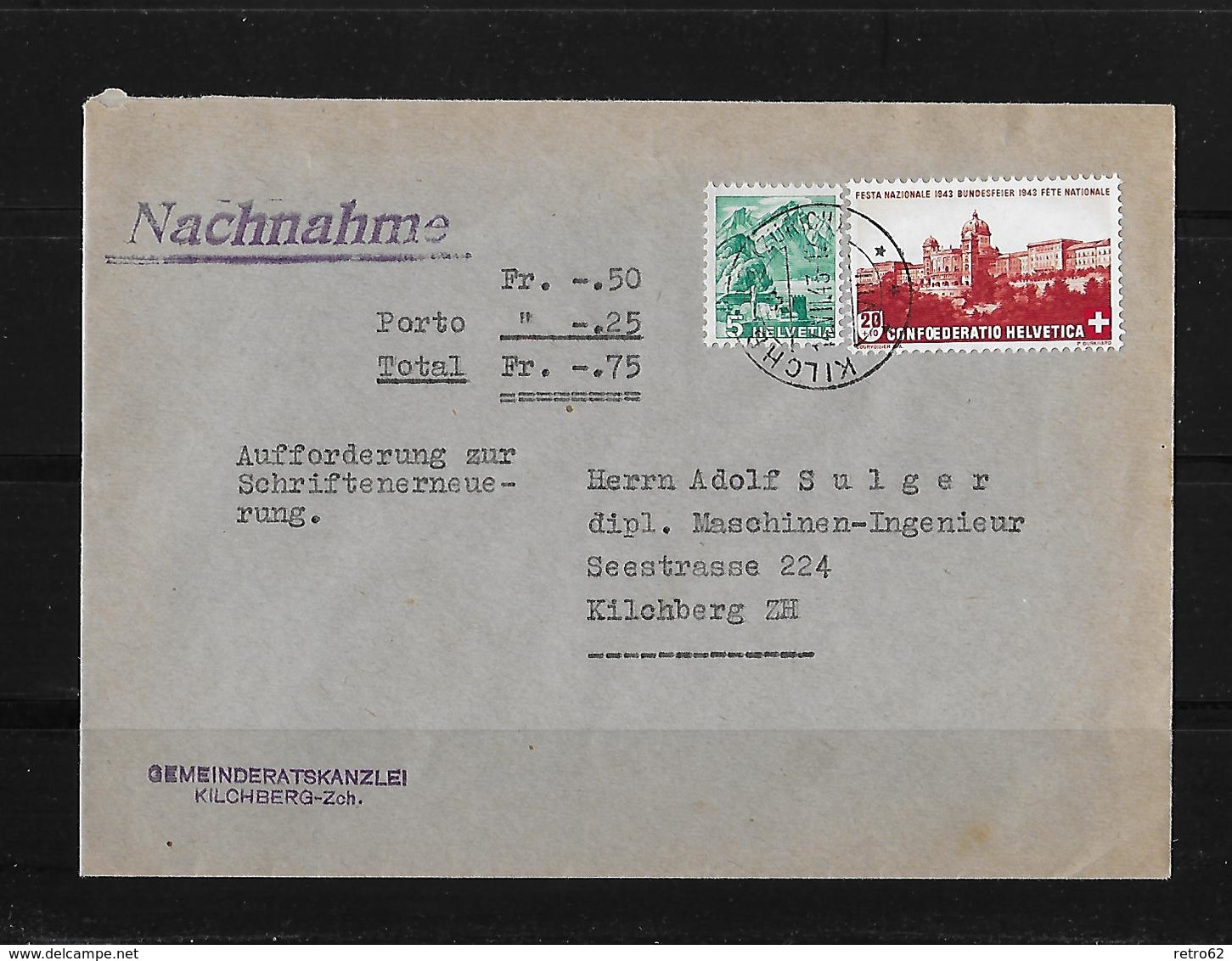 HEIMAT ZÜRICH → 1943 Nachnahme-Brief Gemeinderatskanzlei Kilchberg - Lettres & Documents