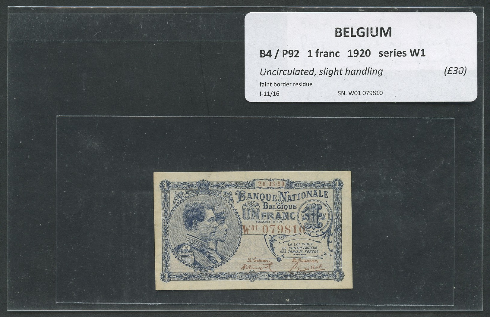 BELGIUM  1 Franc  1920  B4 P92  Uncirculated  Banknotes - 1 Franc