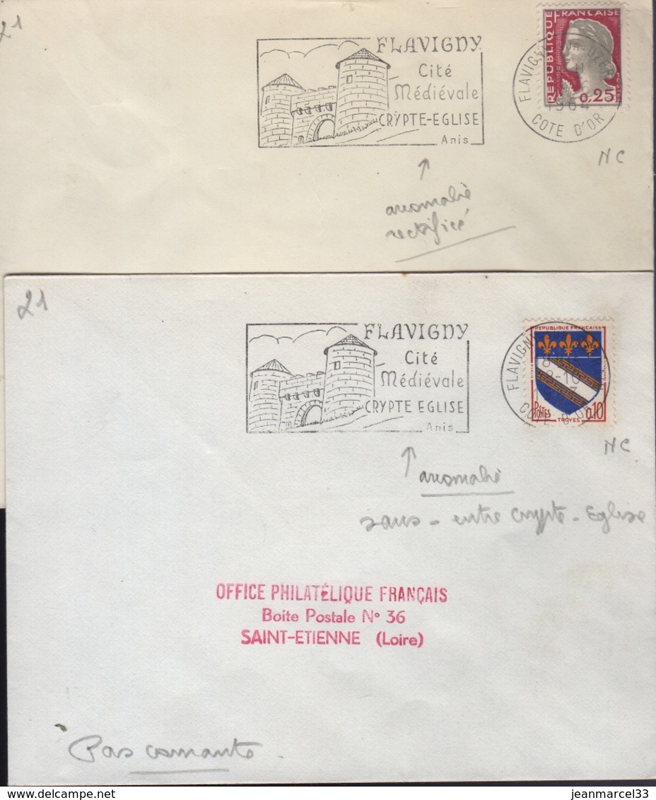 Flammes Sécap Flavigny-sur-Ozeran 1963 Et 1964 "Crypte-Eglise Avec Et Sans Trait D'union" - Storia Postale