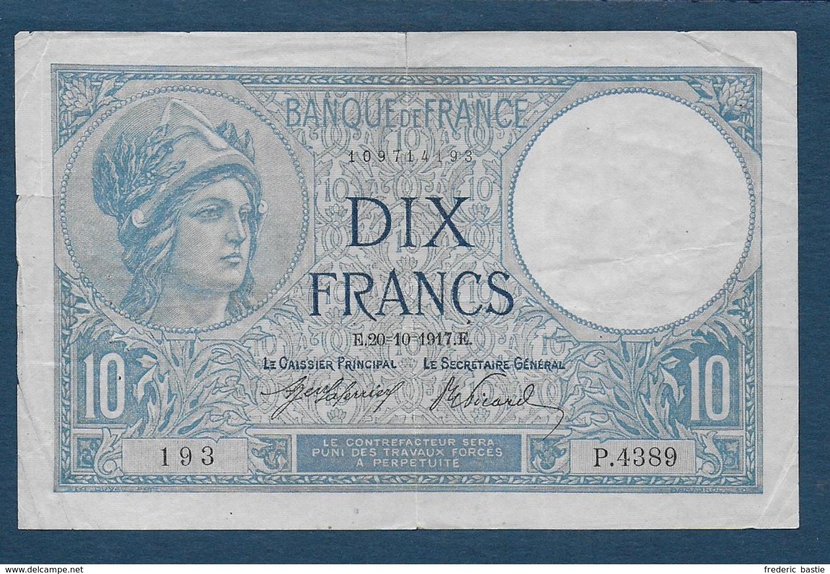 France -10 F  Minerve  Du  20 - 10 - 1917 - 10 F 1916-1942 ''Minerve''