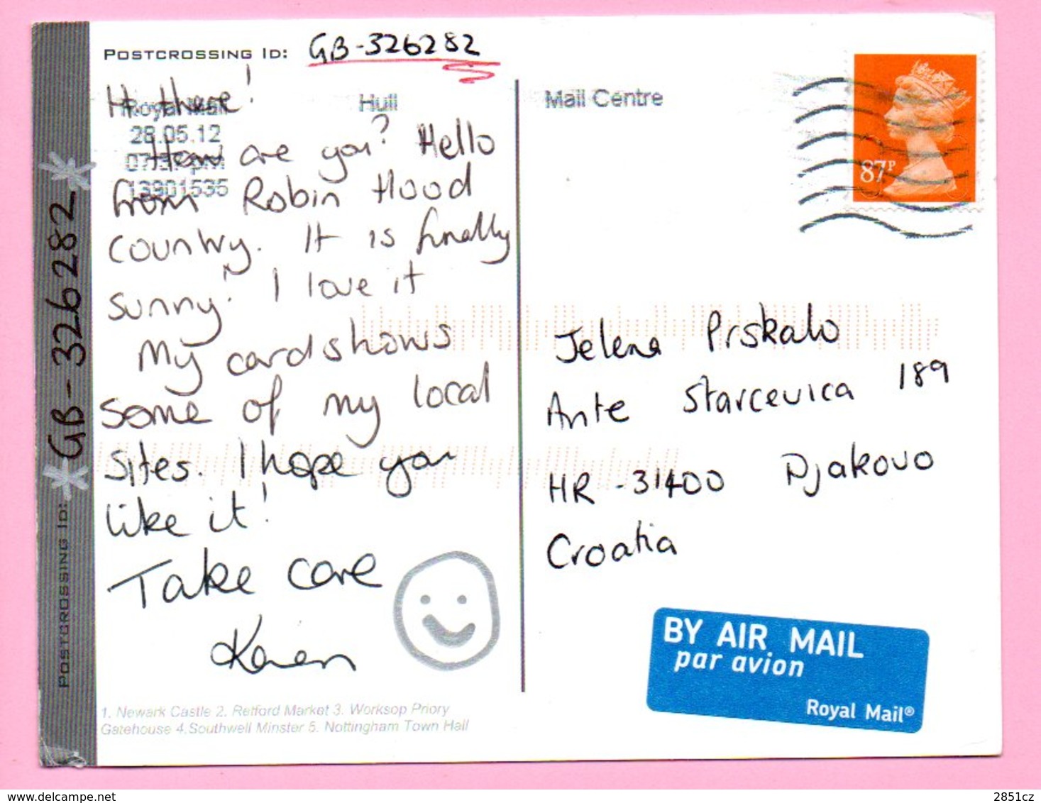 Postcard - Nottinghamshire, 2012., United Kingdom (UK To Croatia), Air Mail - Altri & Non Classificati