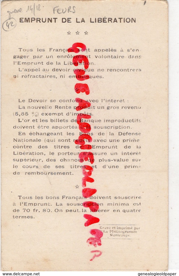 42 - FEURS- GENERAL BERTHELOT - LOIRE EMPRUNT DE LA LIBERATION VAINQUEURS DE LA MARNE 1914-1918 - Feurs