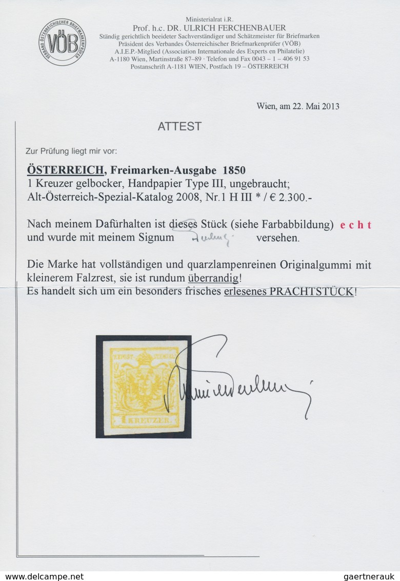 Österreich: 1850, 1 Kreuzer Gelbocker, Handpapier Type III, Allseits überrandig, Ungebraucht Mit Vol - Sonstige & Ohne Zuordnung
