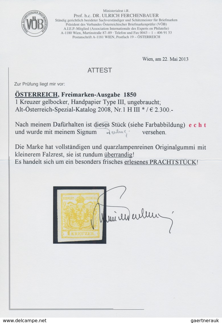 Österreich: 1850, 1 Kreuzer Gelbocker, Handpapier Type III, Allseits überrandig, Ungebraucht Mit Vol - Other & Unclassified