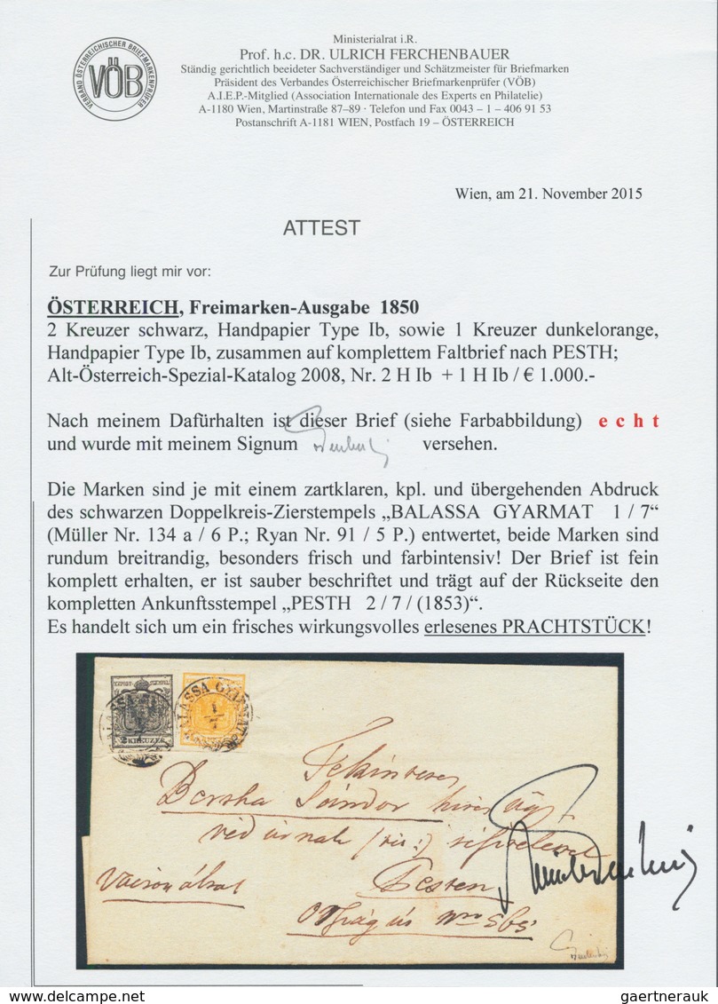 Österreich: 1850, 2 Kr Schwarz Und 1 Kr Dunkelorange, Jeweils Type Ib Auf Handpapier, Im Paar Gekleb - Sonstige & Ohne Zuordnung