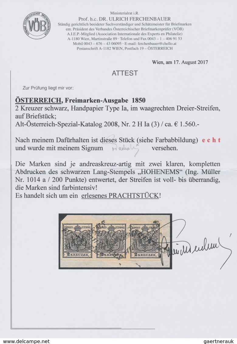 Österreich: 1850, 2 Kreuzer Schwarz, Handpapier Type Ia, Waagerechter Dreierstreifen, Farbfrisch, Al - Other & Unclassified