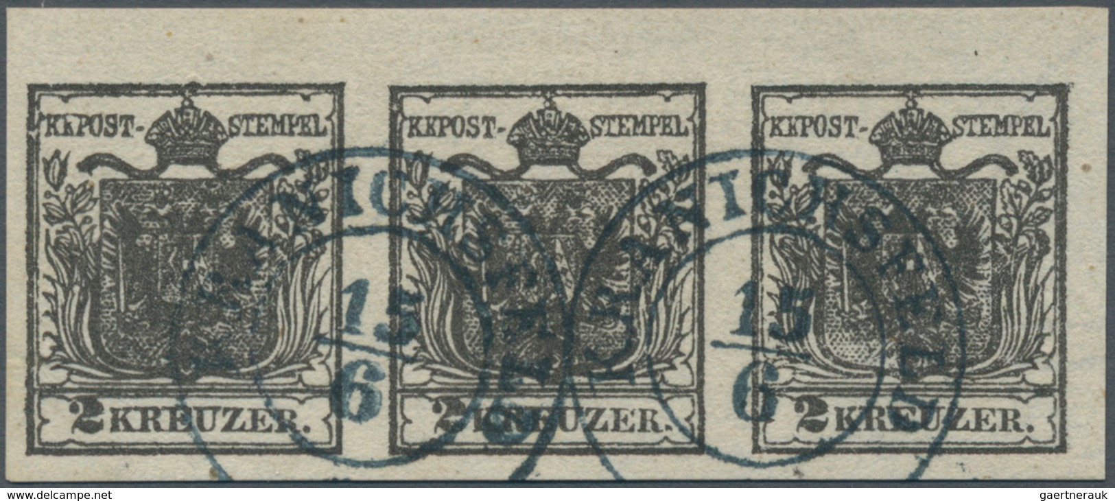 Österreich: 1850, 2 Kr Tiefschwarz, Handpapier, Type Ib, Waagerechter Dreierstreifen Mit 4,5 Mm Ober - Sonstige & Ohne Zuordnung
