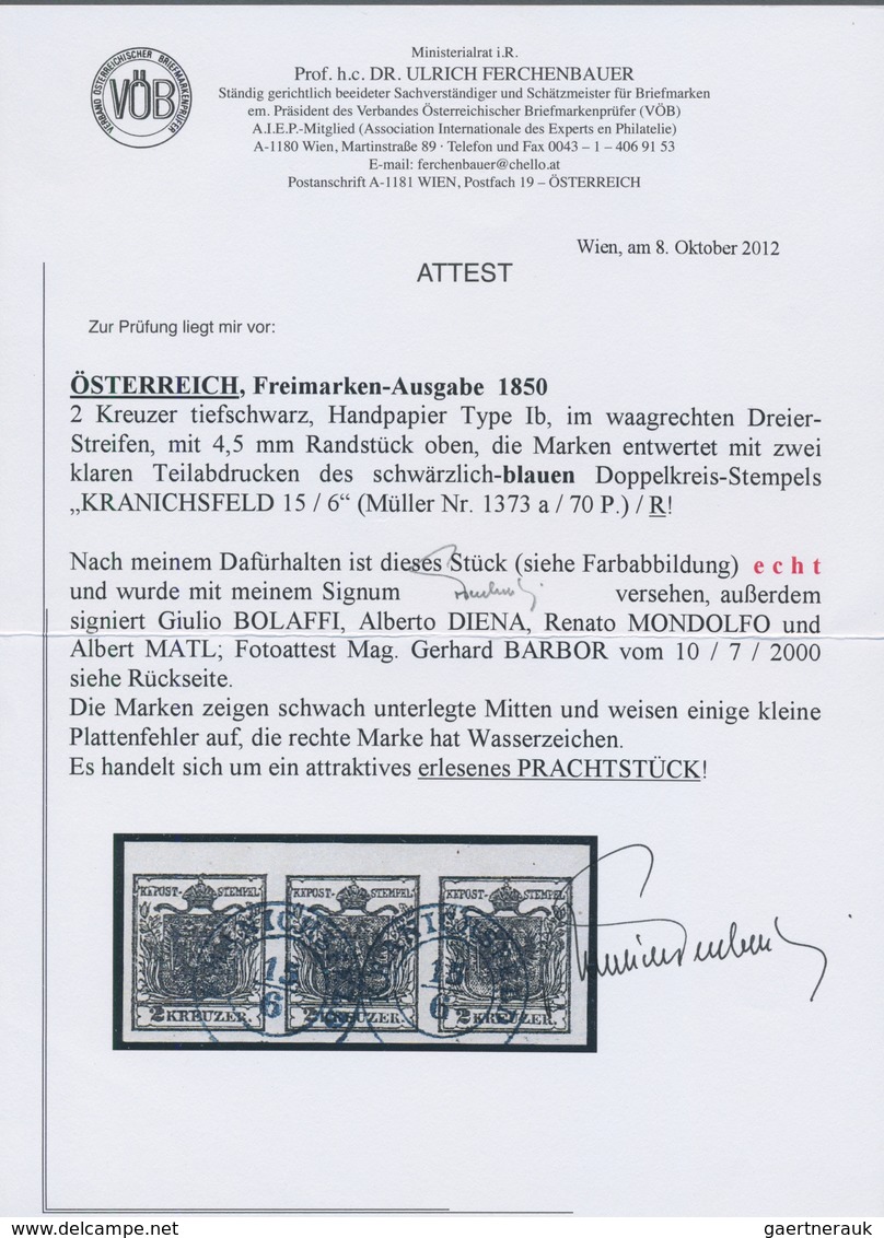 Österreich: 1850, 2 Kr Tiefschwarz, Handpapier, Type Ib, Waagerechter Dreierstreifen Mit 4,5 Mm Ober - Sonstige & Ohne Zuordnung