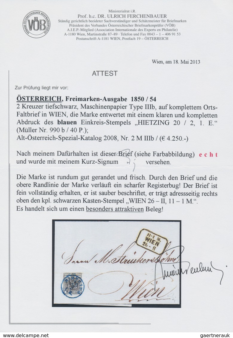 Österreich: 1850/1854, 2 Kreuzer Tiefschwarz, Maschinenpapier Type IIIa, Farbfrisch, Allseits Gut Ge - Sonstige & Ohne Zuordnung