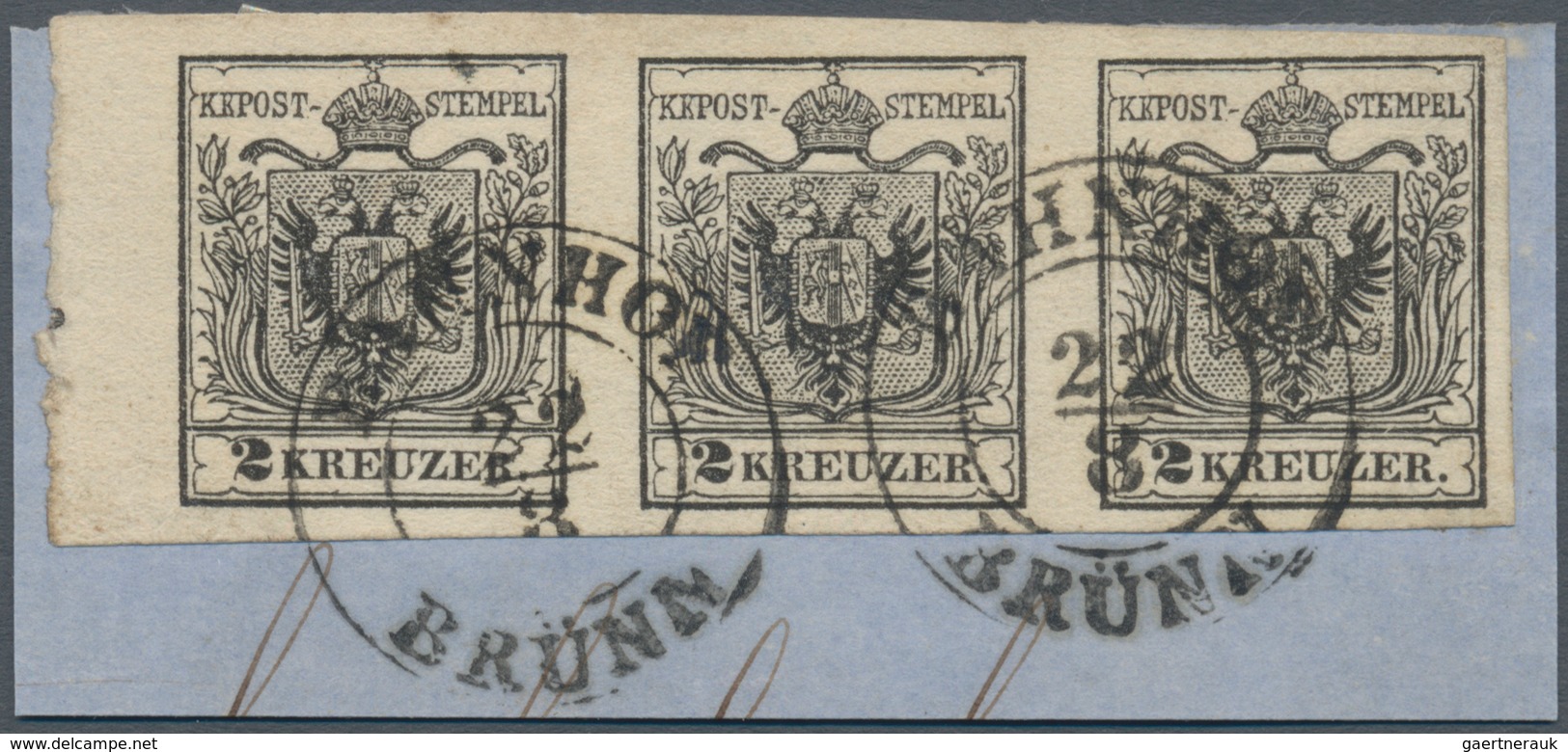 Österreich: 1850/1854, 2 Kreuzer Tiefschwarz, Maschinenpapier Type IIIb, Waagerechter Dreierstreifen - Autres & Non Classés