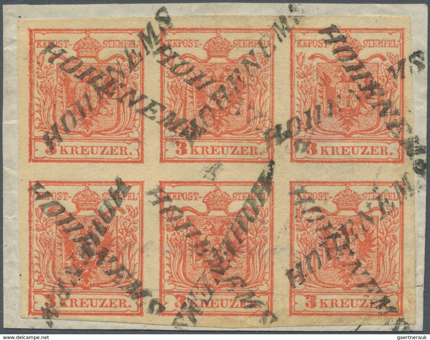 Österreich: 1850, 3 Kr Karminrot, Handpapier Type I A1, Waagerechter 6er-Block, Allseits Breitrandig - Andere & Zonder Classificatie