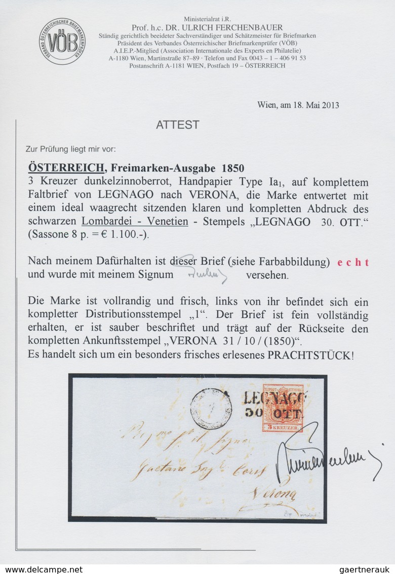 Österreich: 1850, 3 Kreuzer Dunkelzinnoberrot, Handpapier Type Ia1, Allseits Vollrandig, Entwertet M - Sonstige & Ohne Zuordnung