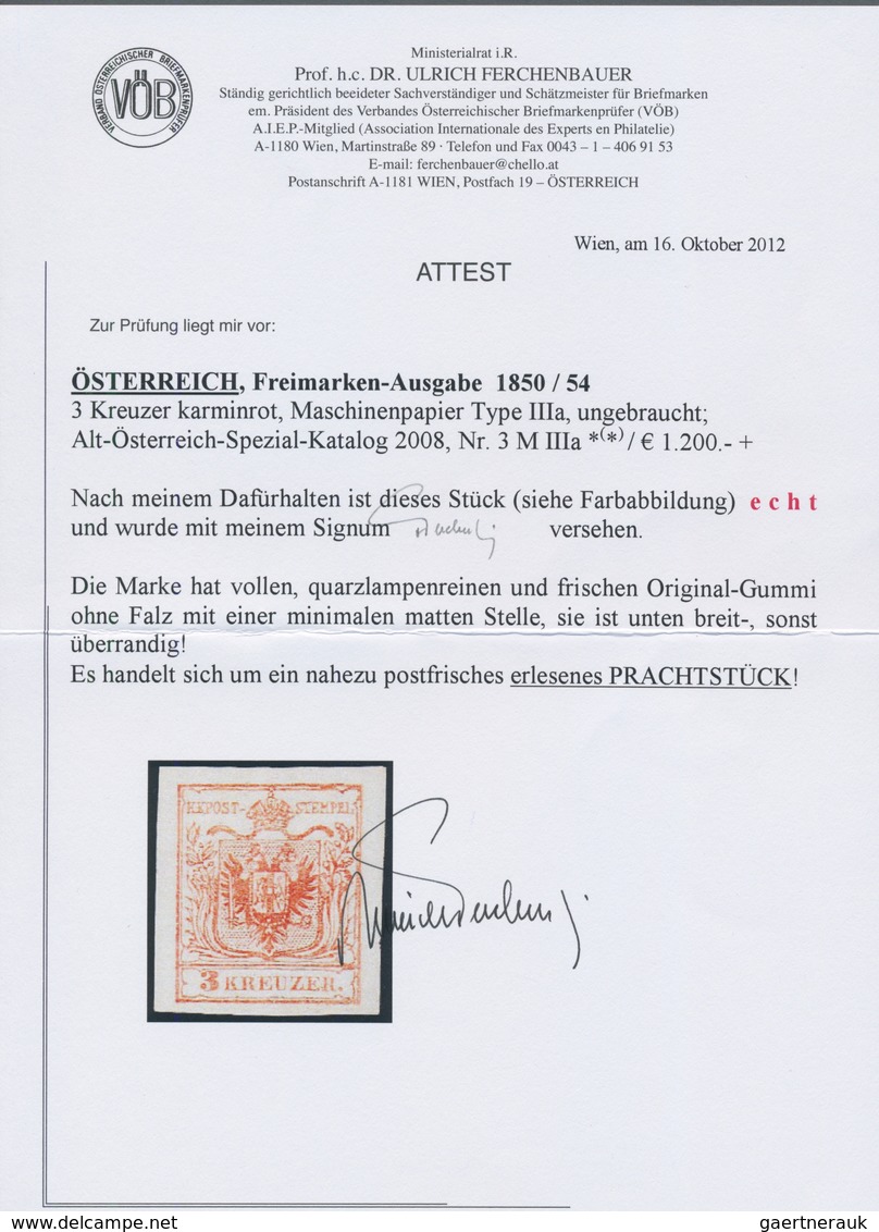 Österreich: 1850, 3 Kr Karminrot, Type IIIa Auf Maschinenpapier In Ungebrauchter Top-Erhaltung, Voll - Sonstige & Ohne Zuordnung