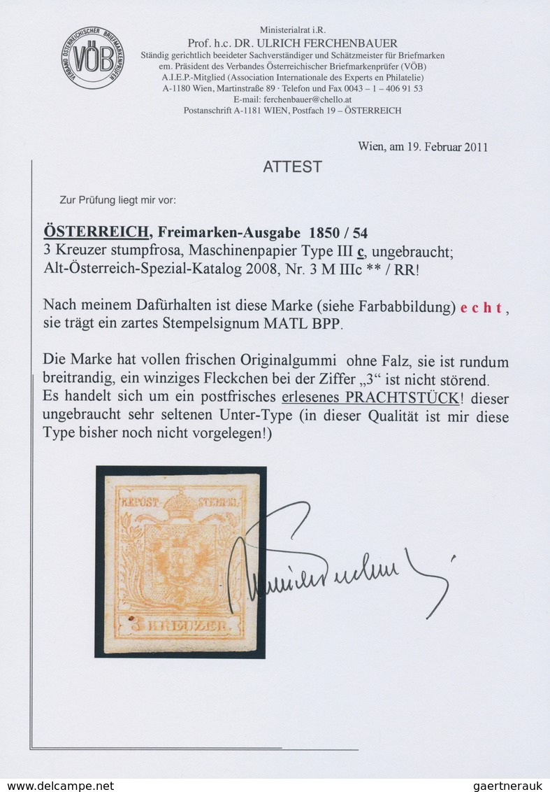 Österreich: 1850/54: 3 Kreuzer Stumpfrosa, Maschinenpapier Type III C, Ungebracht. Laut Dr. Ferchenb - Sonstige & Ohne Zuordnung