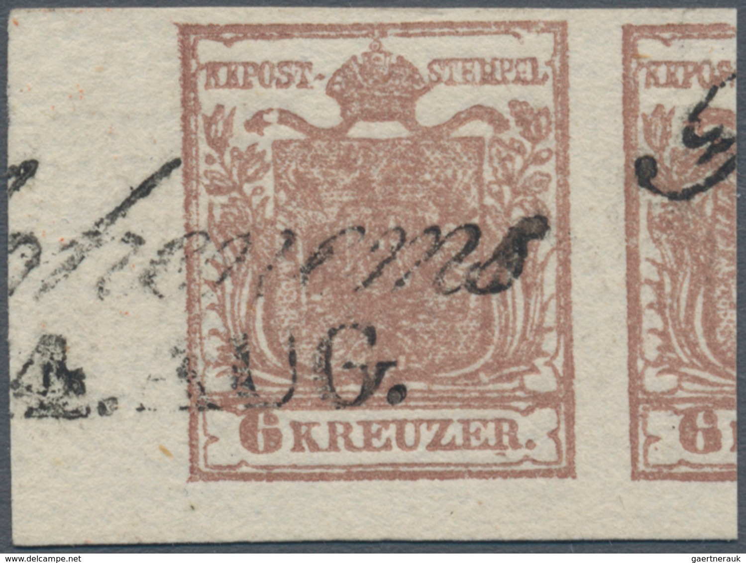 Österreich: 1850, 6 Kreuzer Rosabraun, Handpapier Type I B, Linkes Randstück (8,5 Mm), Rechts Mit Gr - Other & Unclassified