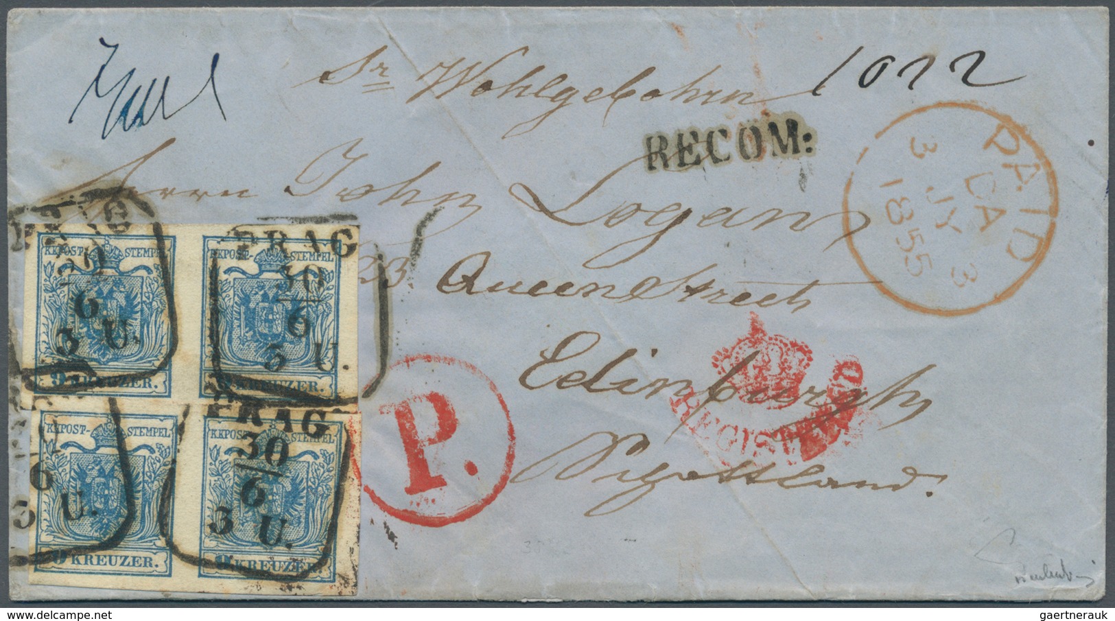 Österreich: 1850/1854, 9 Kreuzer Lebhaftblau, Maschinenpapier Type III, In Zwei Waagerechten Paaren, - Autres & Non Classés