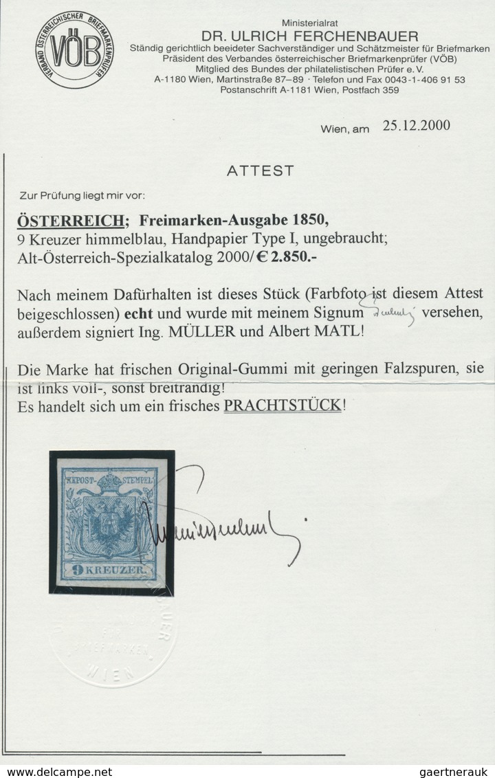 Österreich: 1850, 9 Kr Himmelblau, Type I Auf Handpapier In Ungebrauchter Prachterhaltung, Frischer - Other & Unclassified