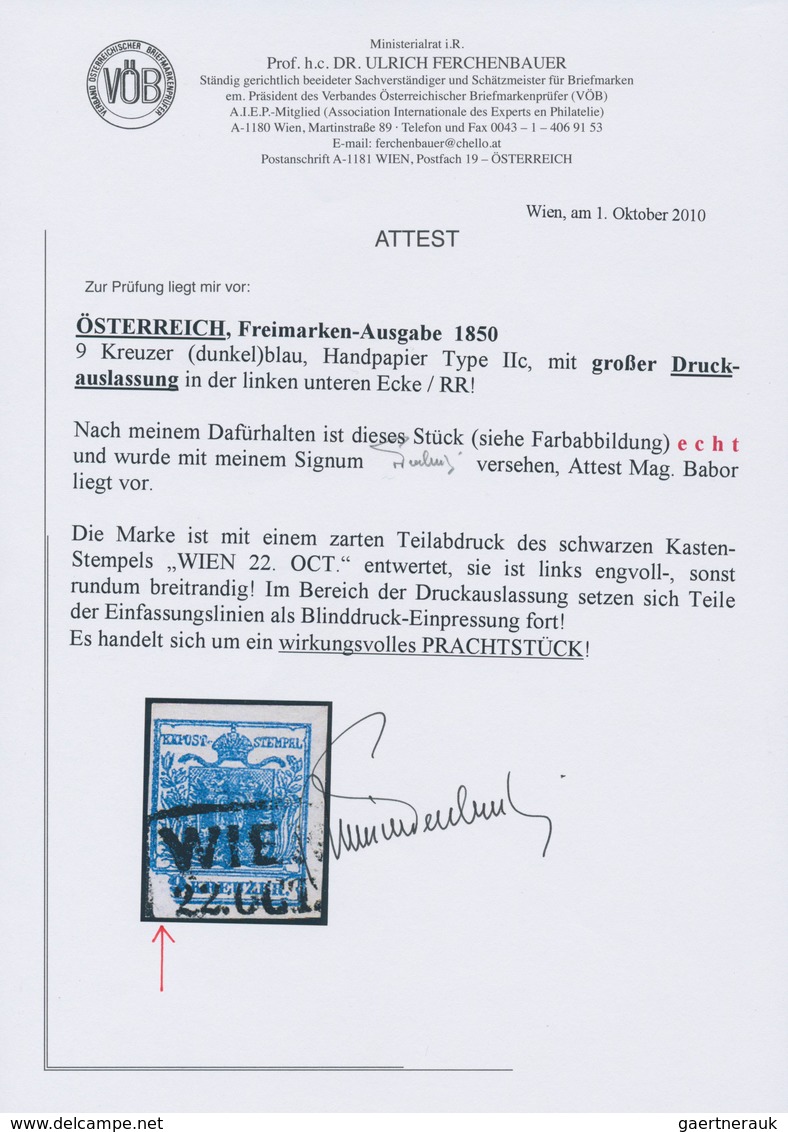 Österreich: 1850, 9 Kreuzer Dunkelblau, Handpapier Type II C, Mit Großer Druckauslassung Der Linken - Sonstige & Ohne Zuordnung